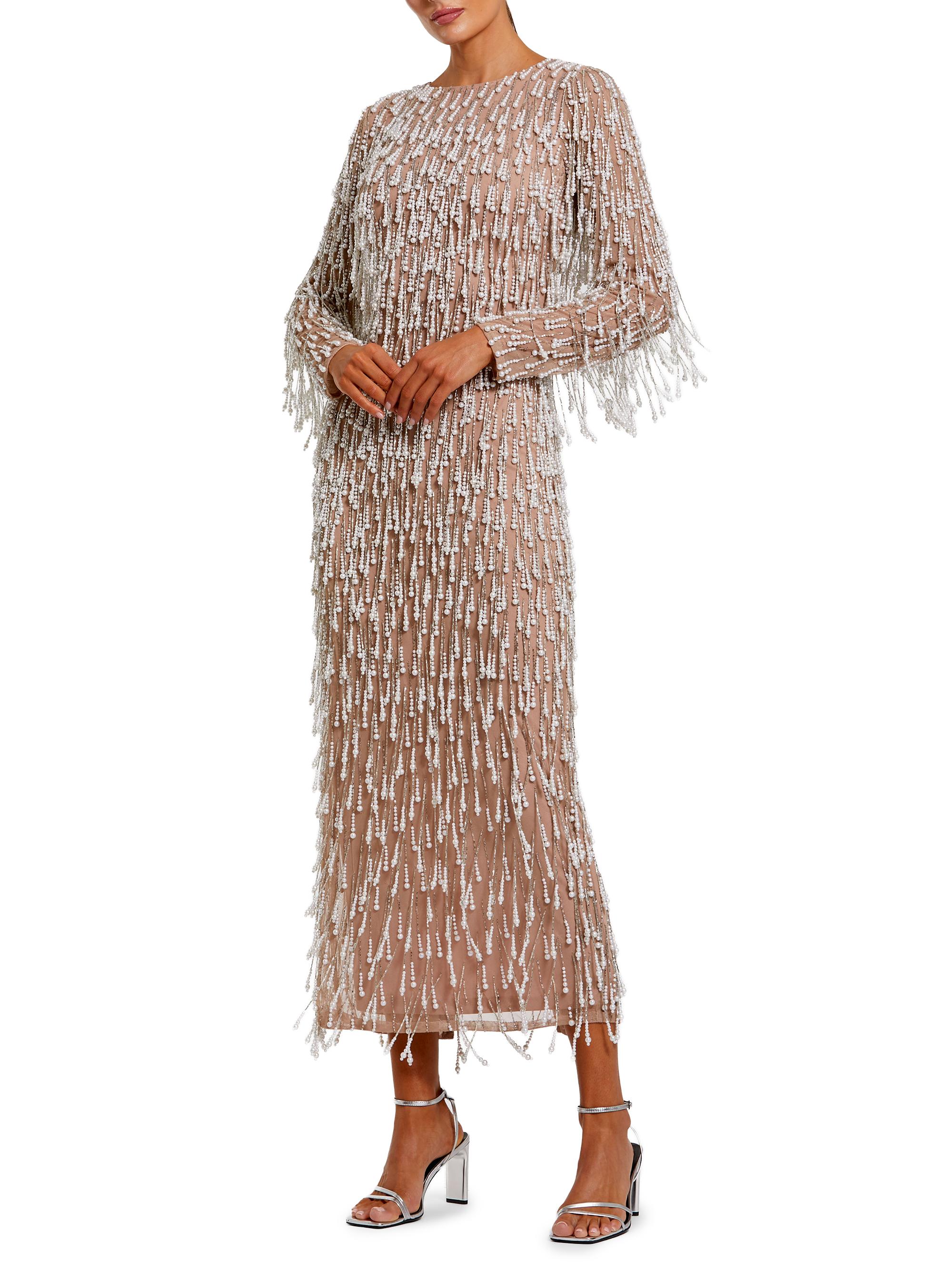 Mac Duggal Women's Pearl Fringe Mesh Midi-Dress -  Beige