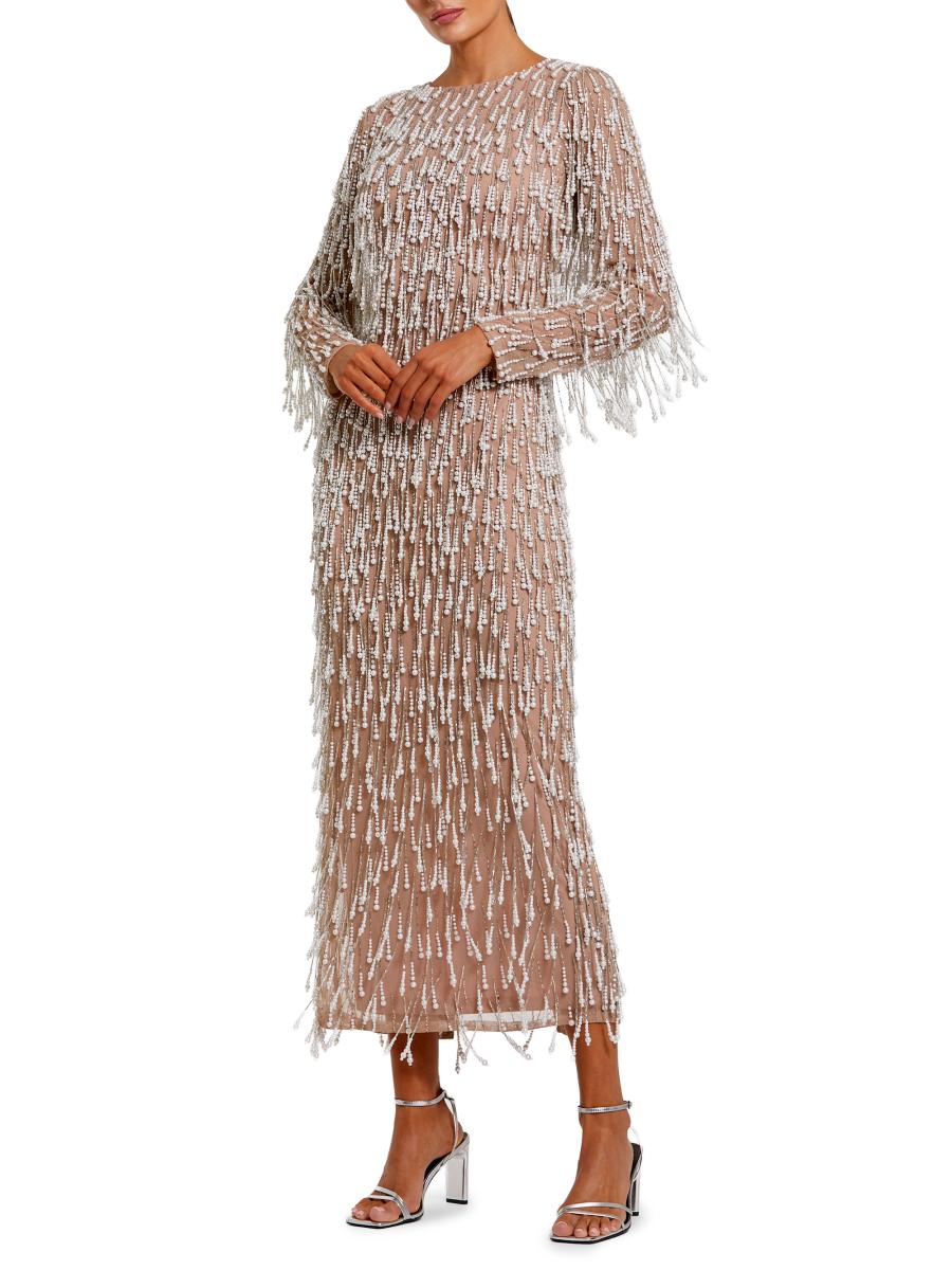 Mac Duggal Women's Pearl Fringe Mesh Midi-dress In Brown