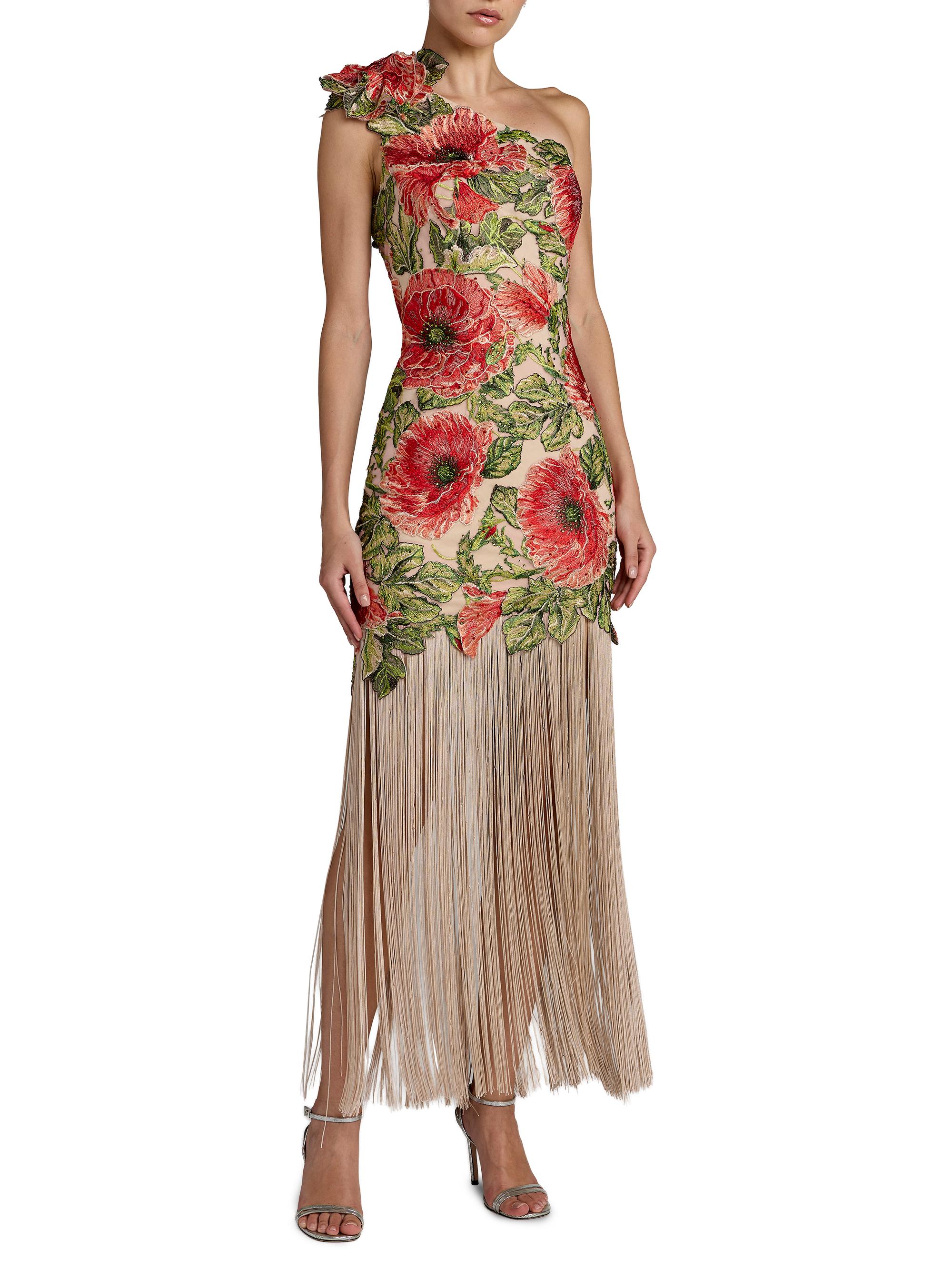 Mac Duggal Women's Floral Appliqué Fringed One-Shoulder Gown - Beige Multi