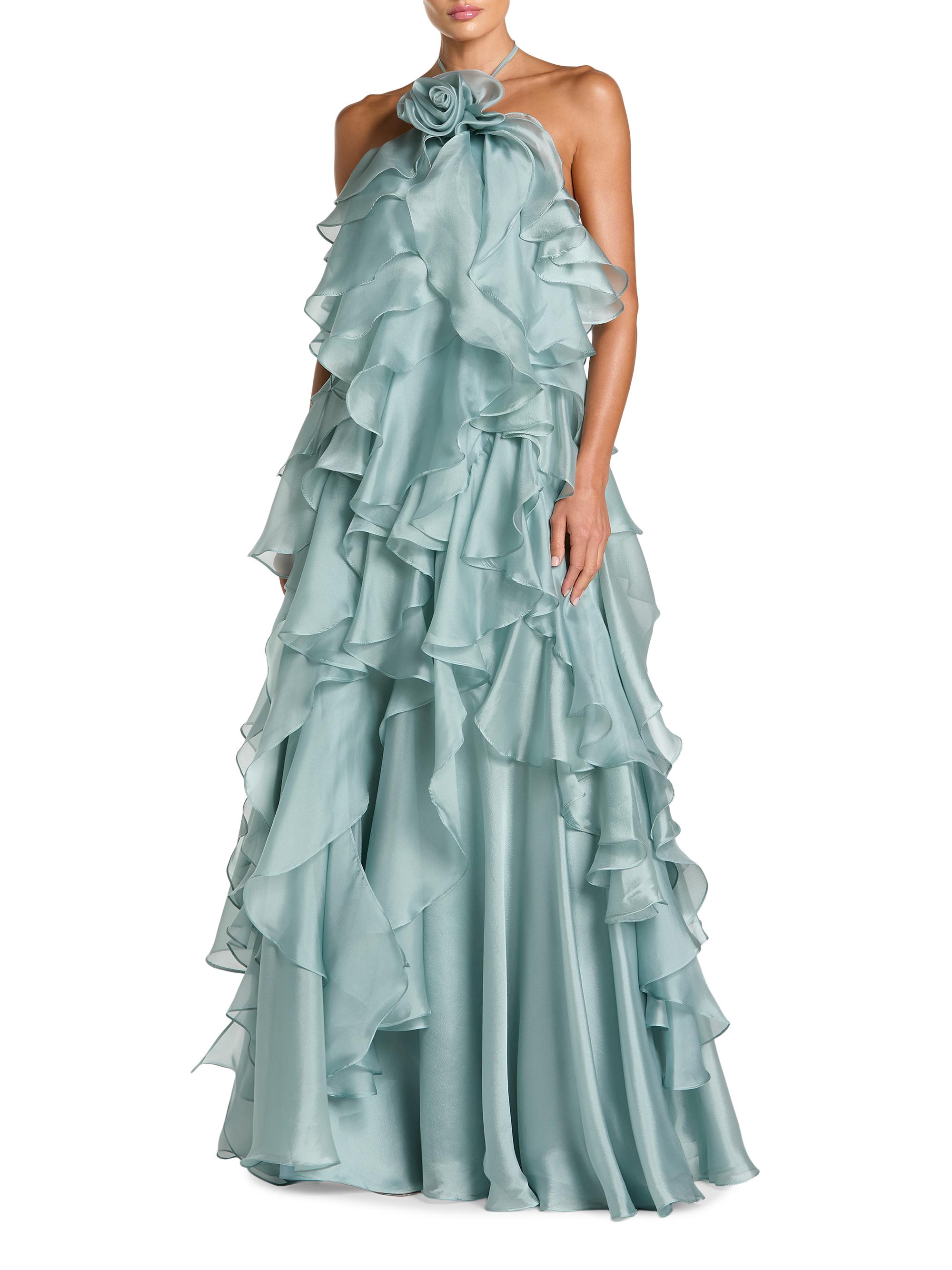Mac Duggal Women's Rosette Organza Trapeze Ruffle Halter Gown - Mint