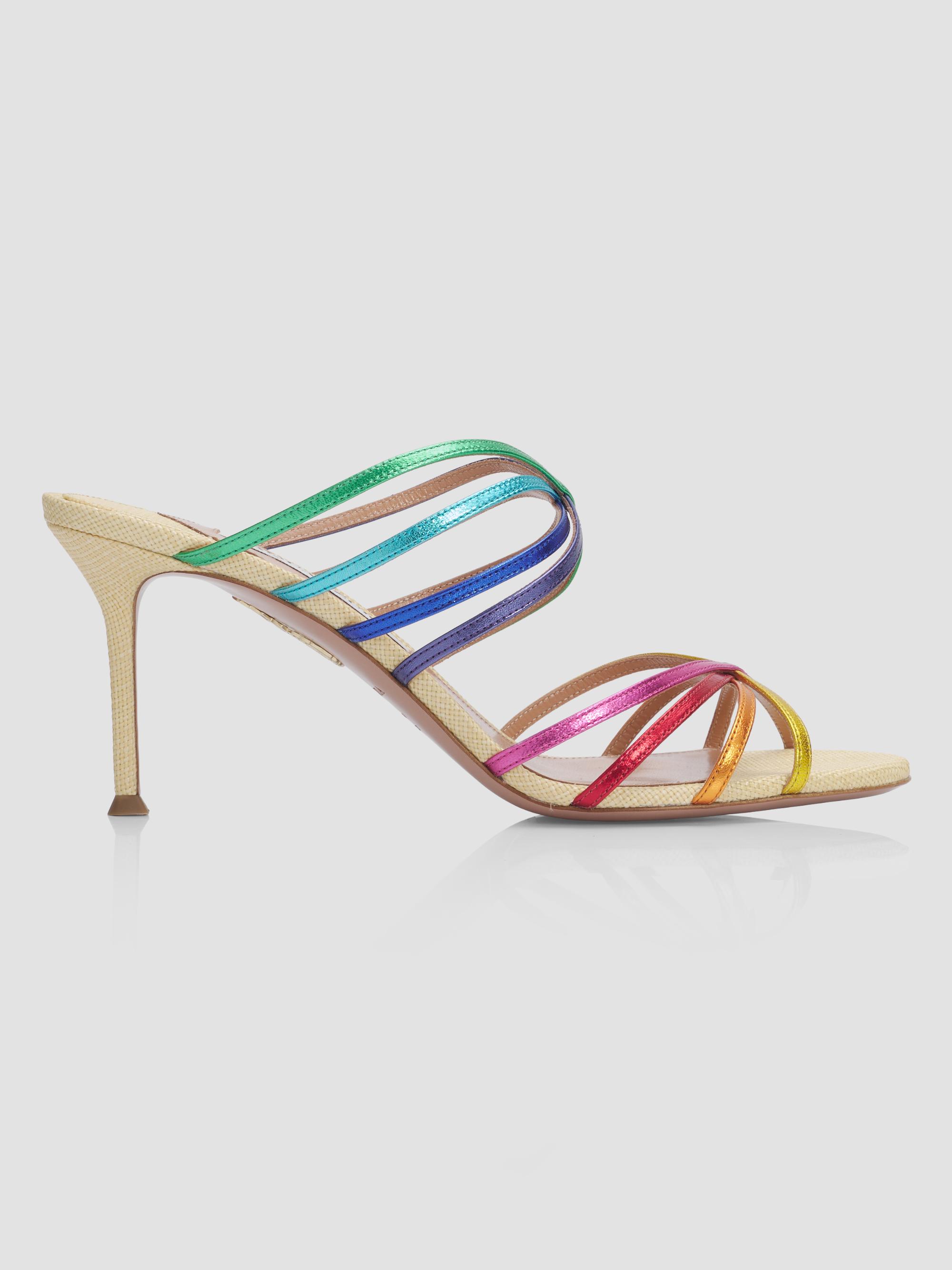 Aquazzura Women's Tell Me 75MM Rainbow Leather and Raffia Mule Sandals - Gold Multi | Thumbnail 4
