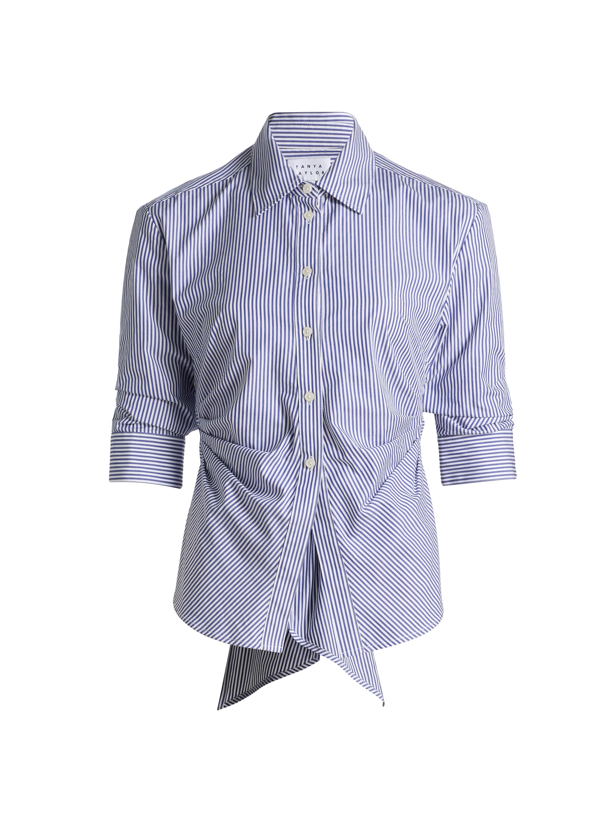 Tanya Taylor Women's Winslet Striped Cotton Back Bow Shirt - Blue Optic White