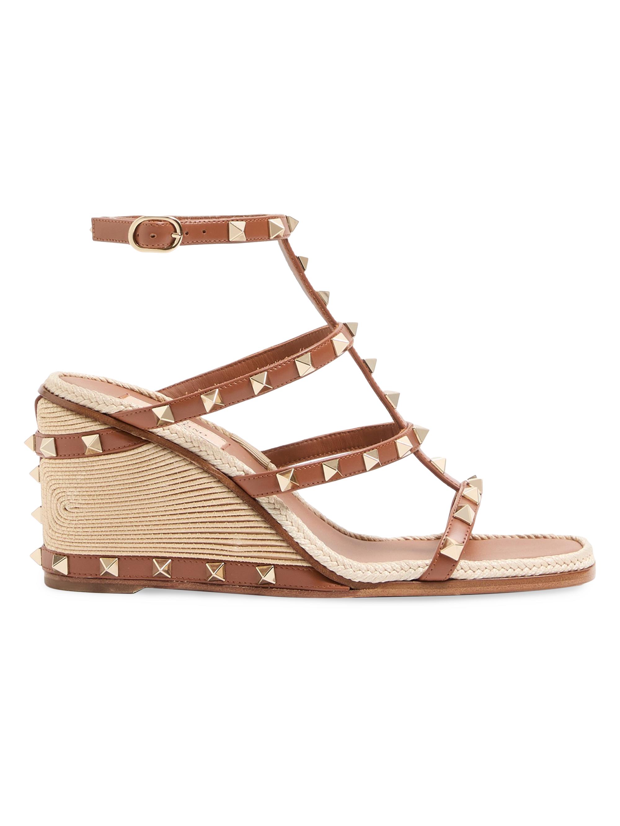 Valentino Garavani Women's Rockstud 80MM Wedge Sandals in Calfskin Leather - Saddle Brown