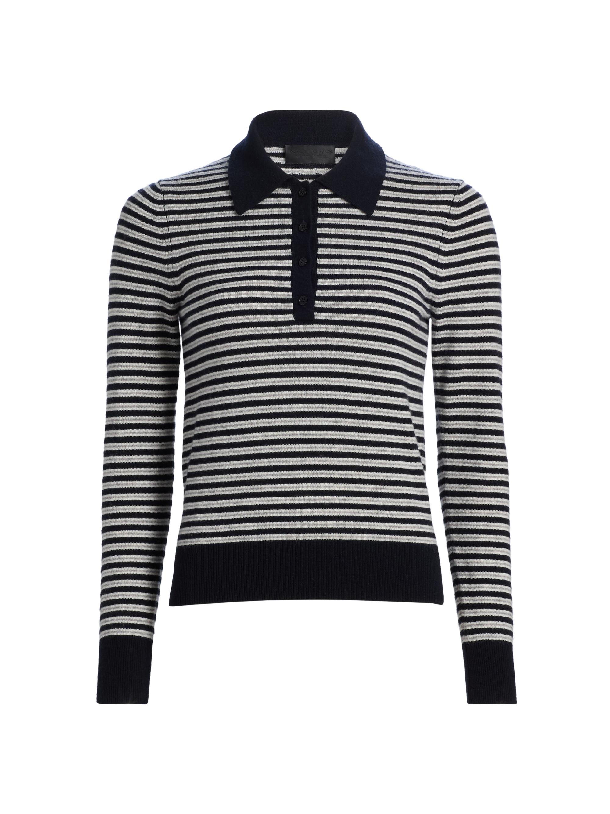 Nili Lotan Women's Prescott Stripe Cashmere Polo Sweater - Dark Navy Grey Stripe