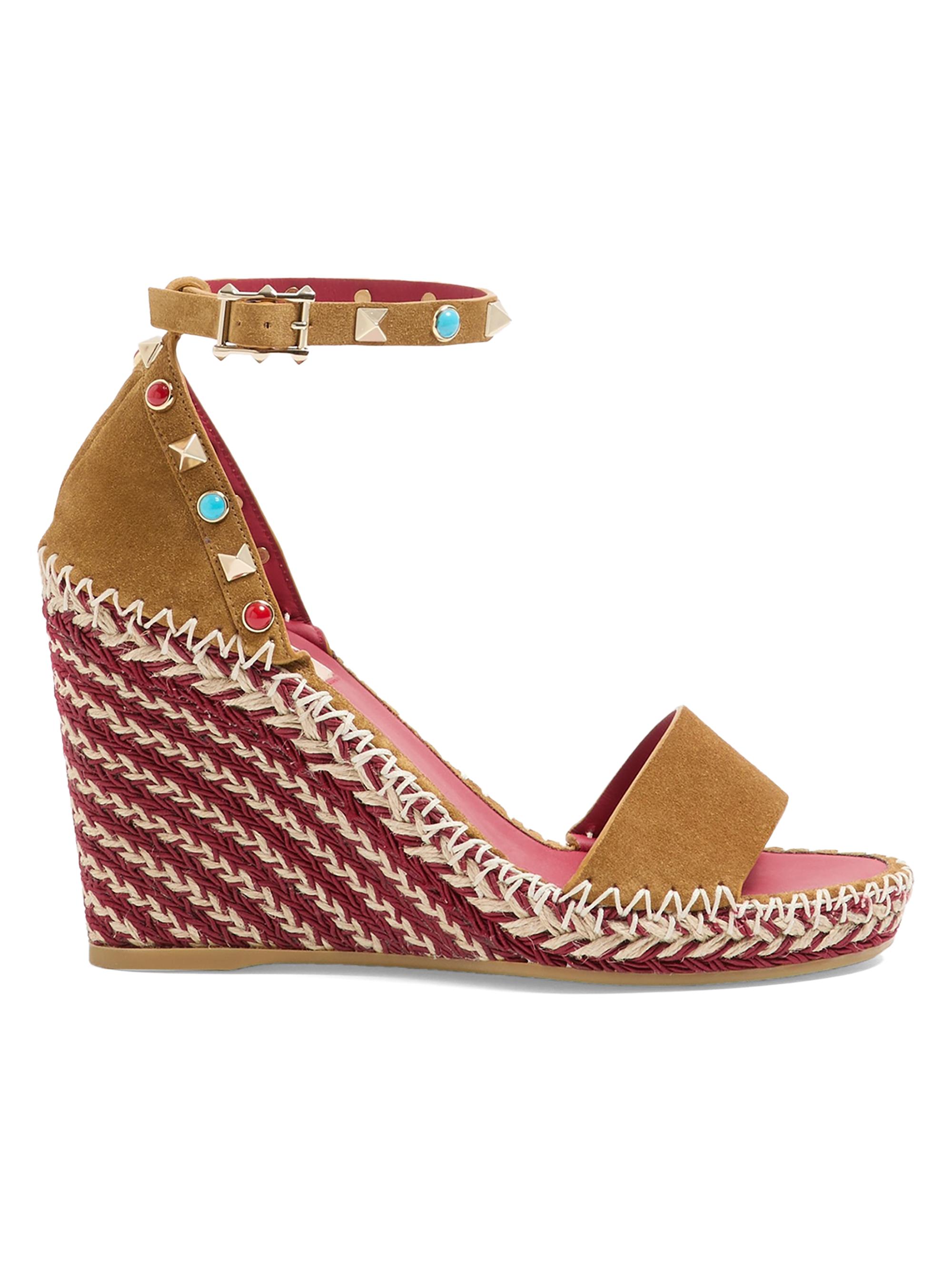 Valentino Garavani Women's Rockstud 105MM Double Wedge Sandals in Split Leather with Cabochon Stones - Havana Beige