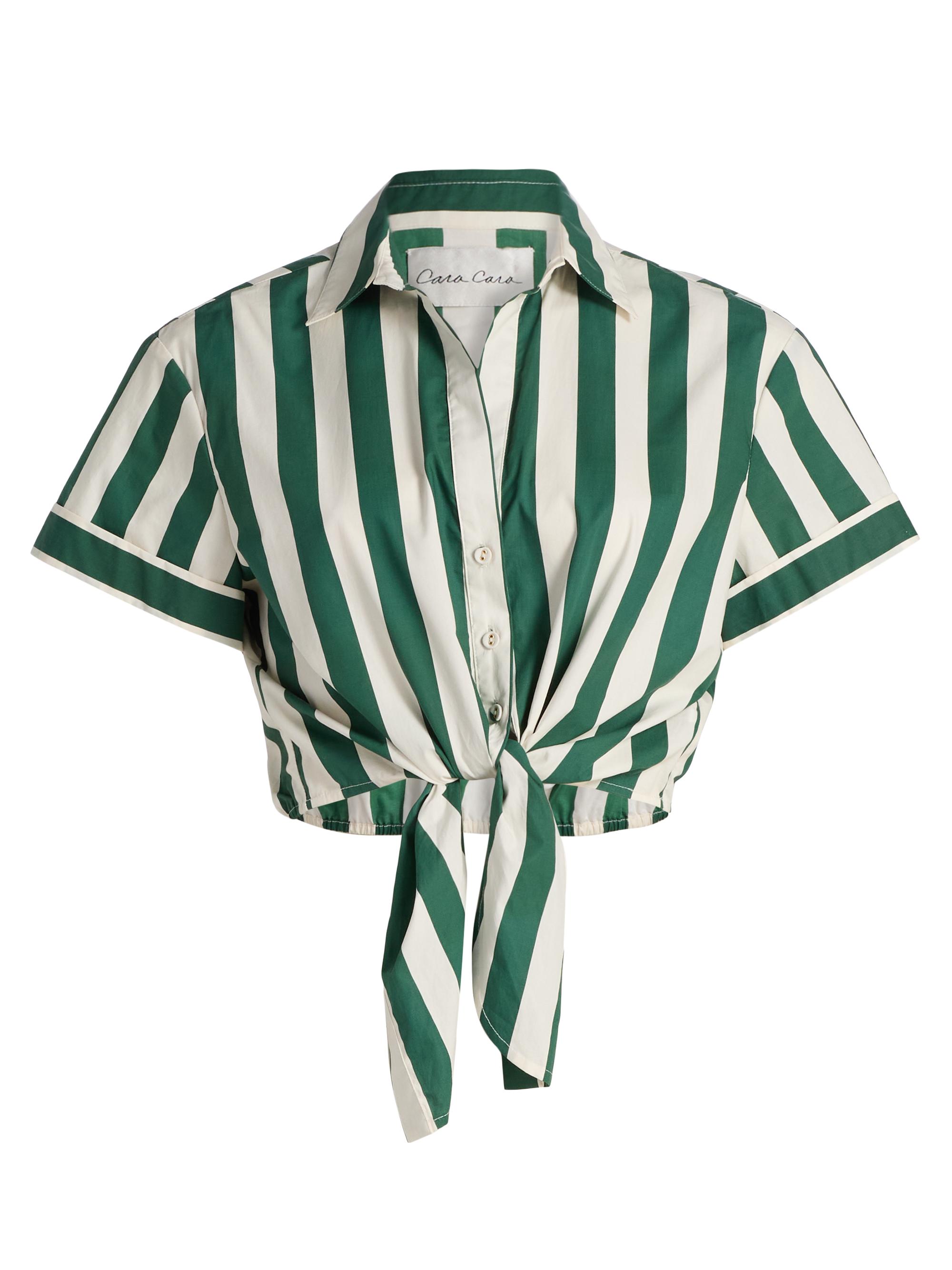 Cara Cara Women's Asbury Striped Cotton Tie-Front Crop Top - Green White Stripe