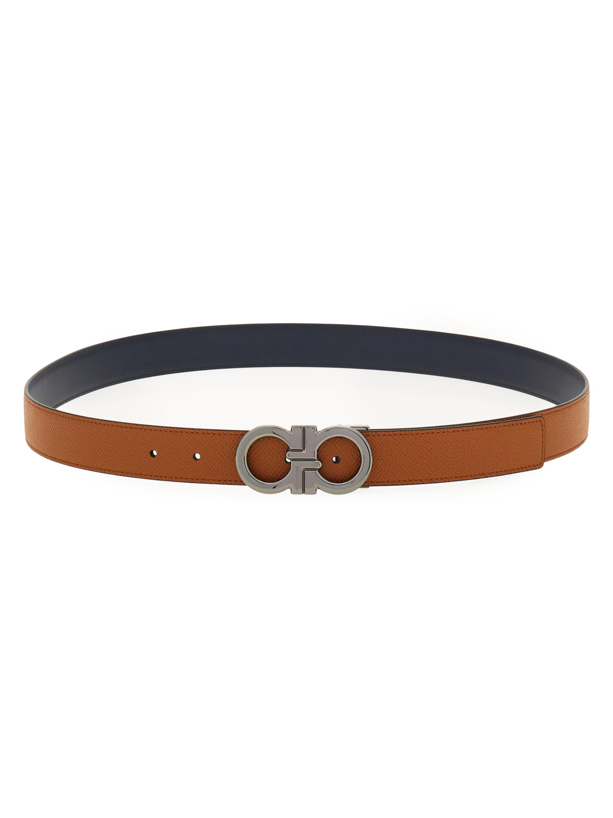 FERRAGAMO Men's Double Adjustable Reversible Leather Belt - Dark Brown