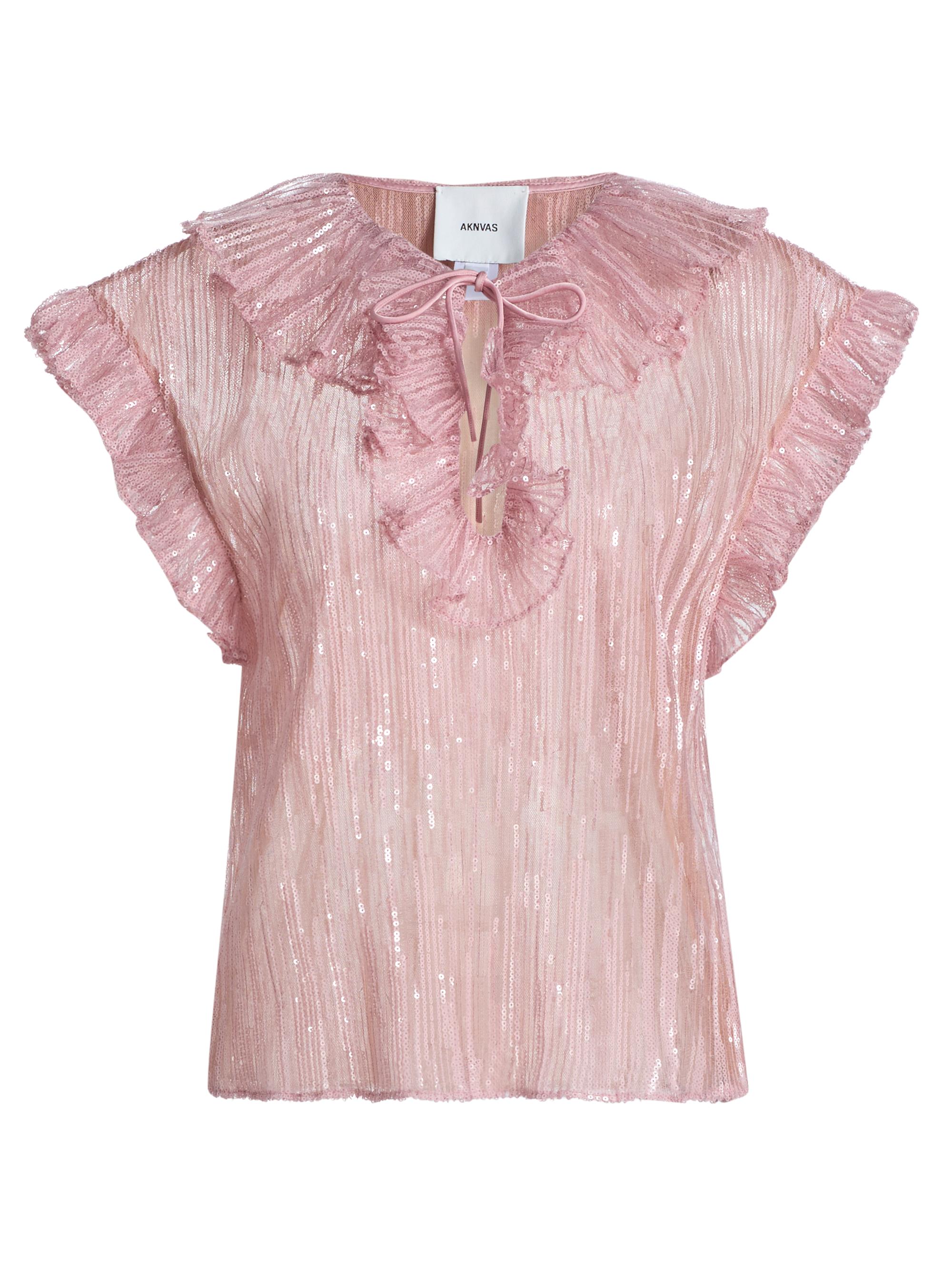 Aknvas Women's Este Sequined Ruffled Sheer Top - Rose Pink