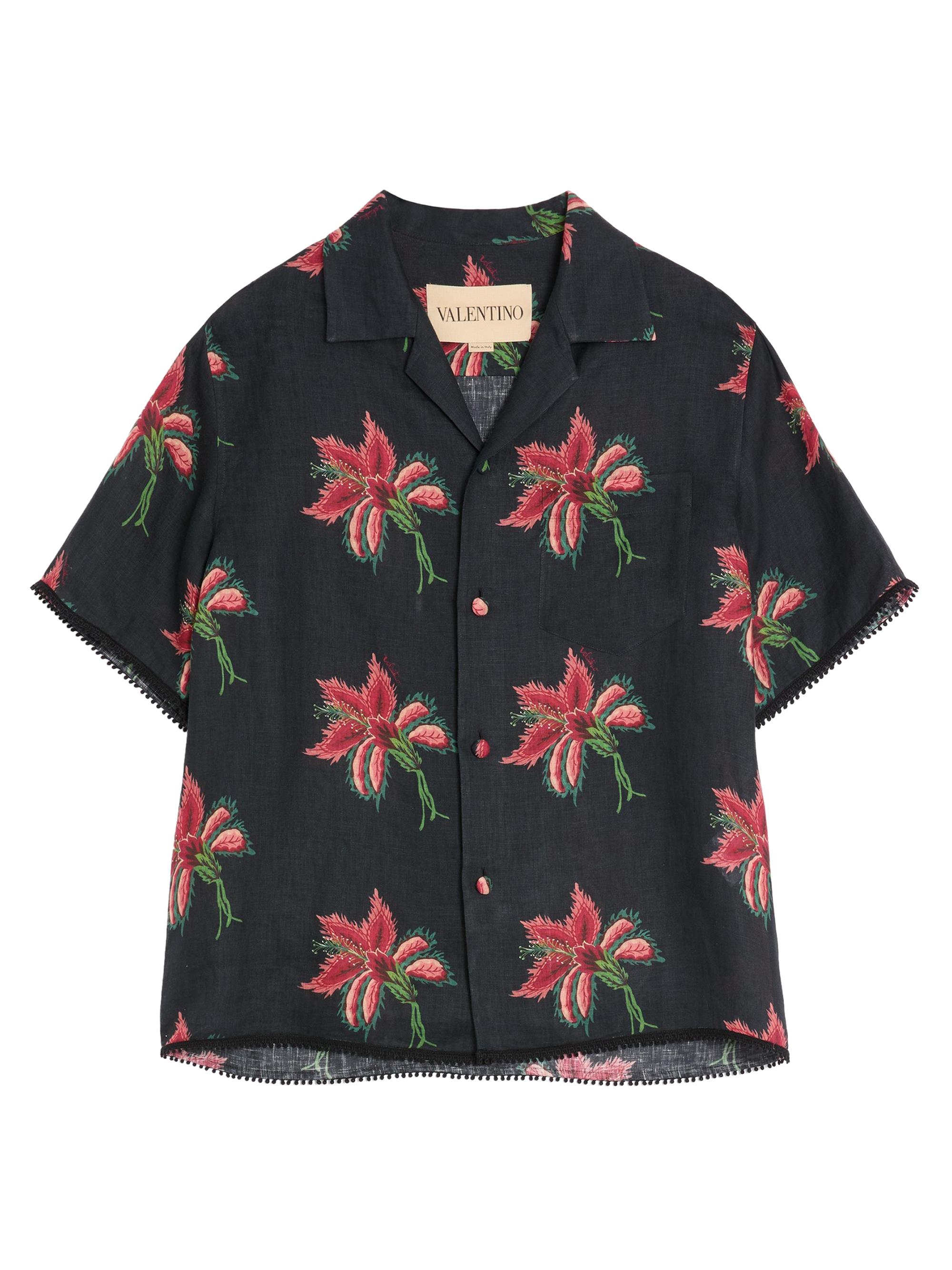 Valentino Garavani Men's Linen Bowling Shirt with Papier Floral Print - Black Red