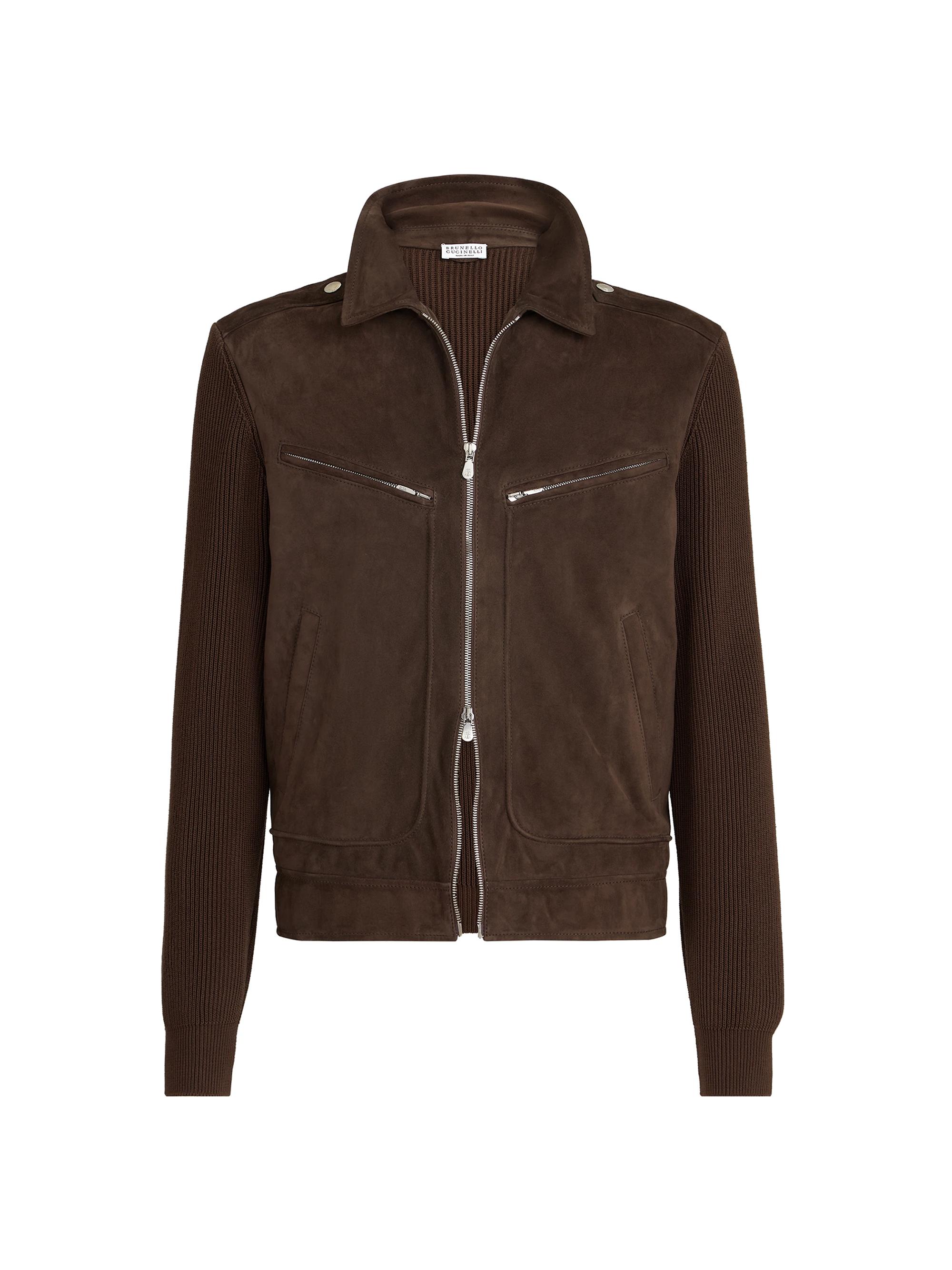 Brunello Cucinelli Men's Suede and Cotton Knit Outerwear Jacket - Espresso