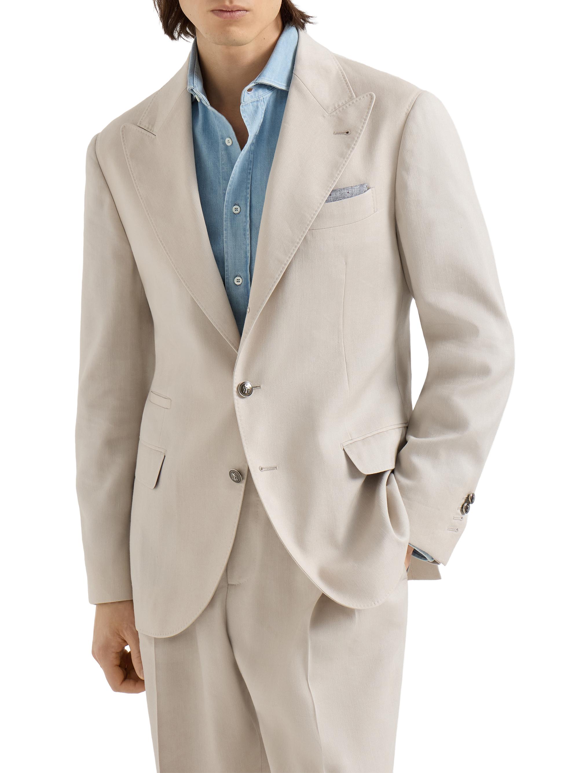 Brunello Cucinelli Men's Gabardine Deconstructed Blazer with Peak Lapels and Metal Buttons - Buff