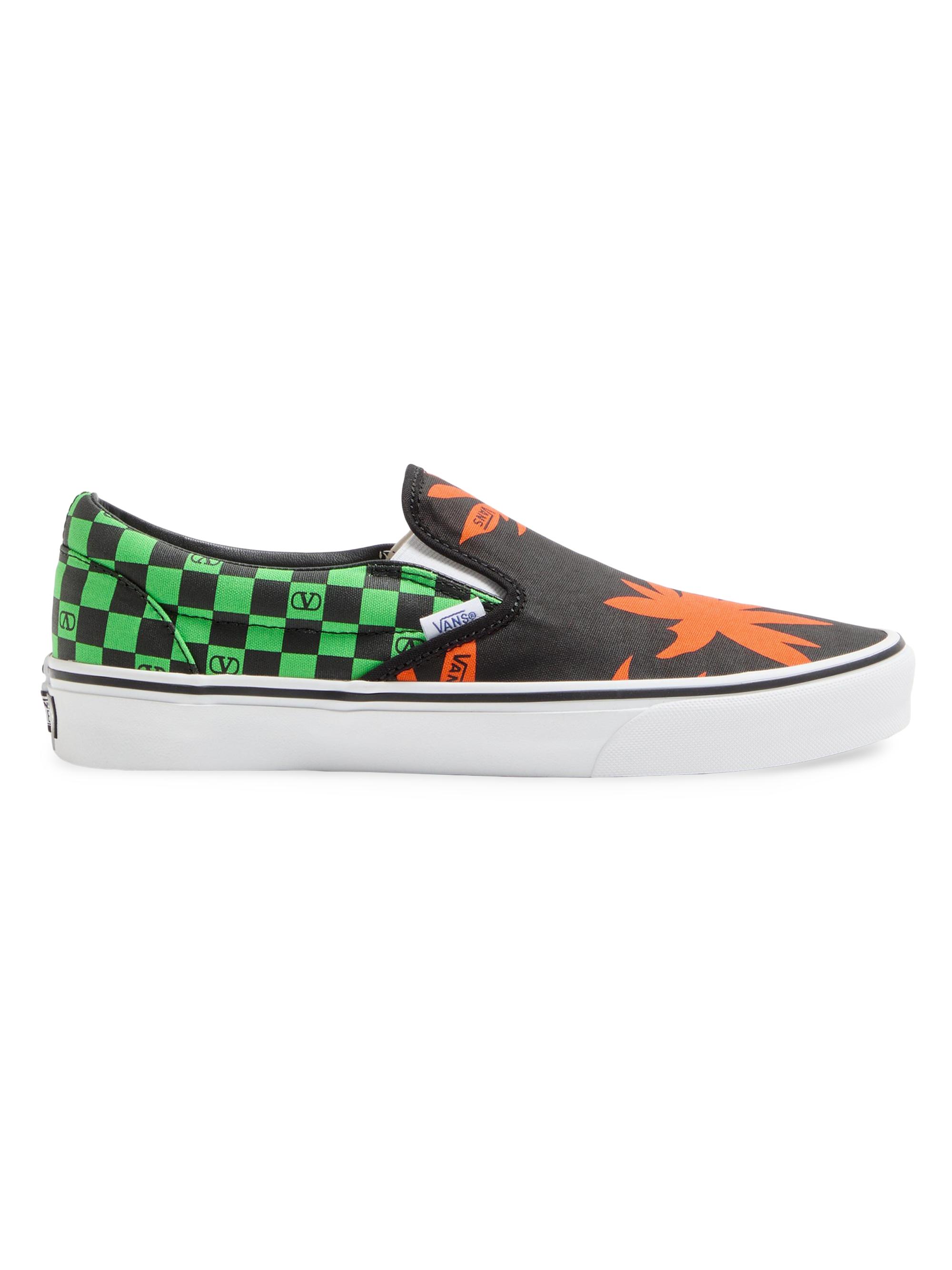 Valentino Garavani Men's  and Vans Slip-On Fabric Sneaker with VLogo Checkerboard Print and Tropical Leaves Print - Black Red Green