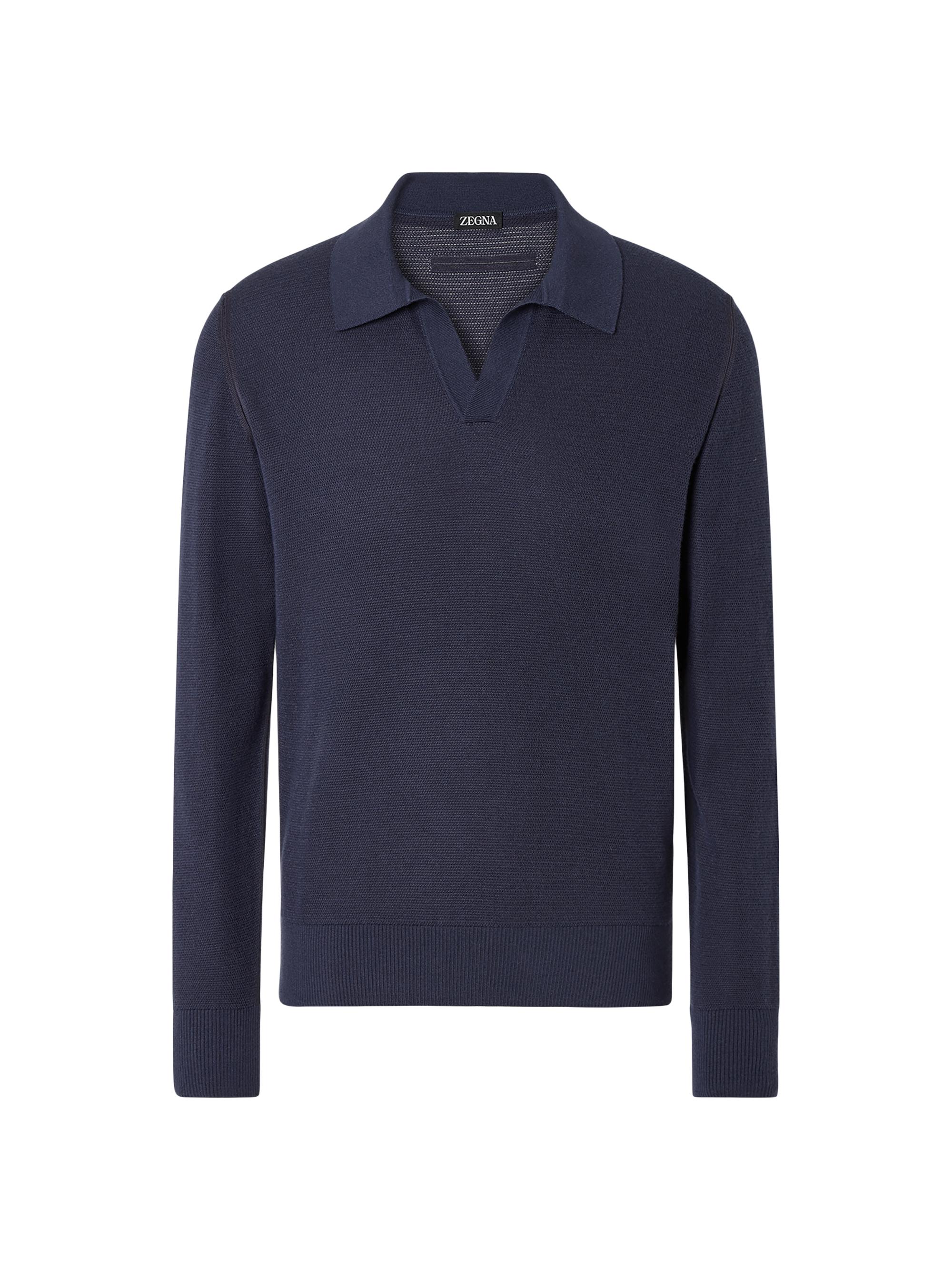ZEGNA Men's Cashmere-Silk Polo Shirt - Dark Indigo Blue Melange