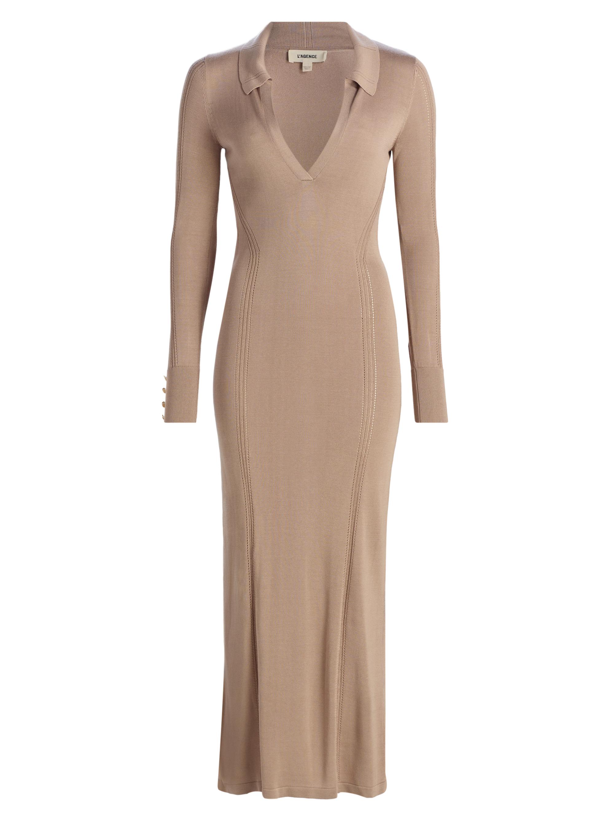 L'AGENCE Women's Delma Open Collar Knit Maxi Dress - Almond
