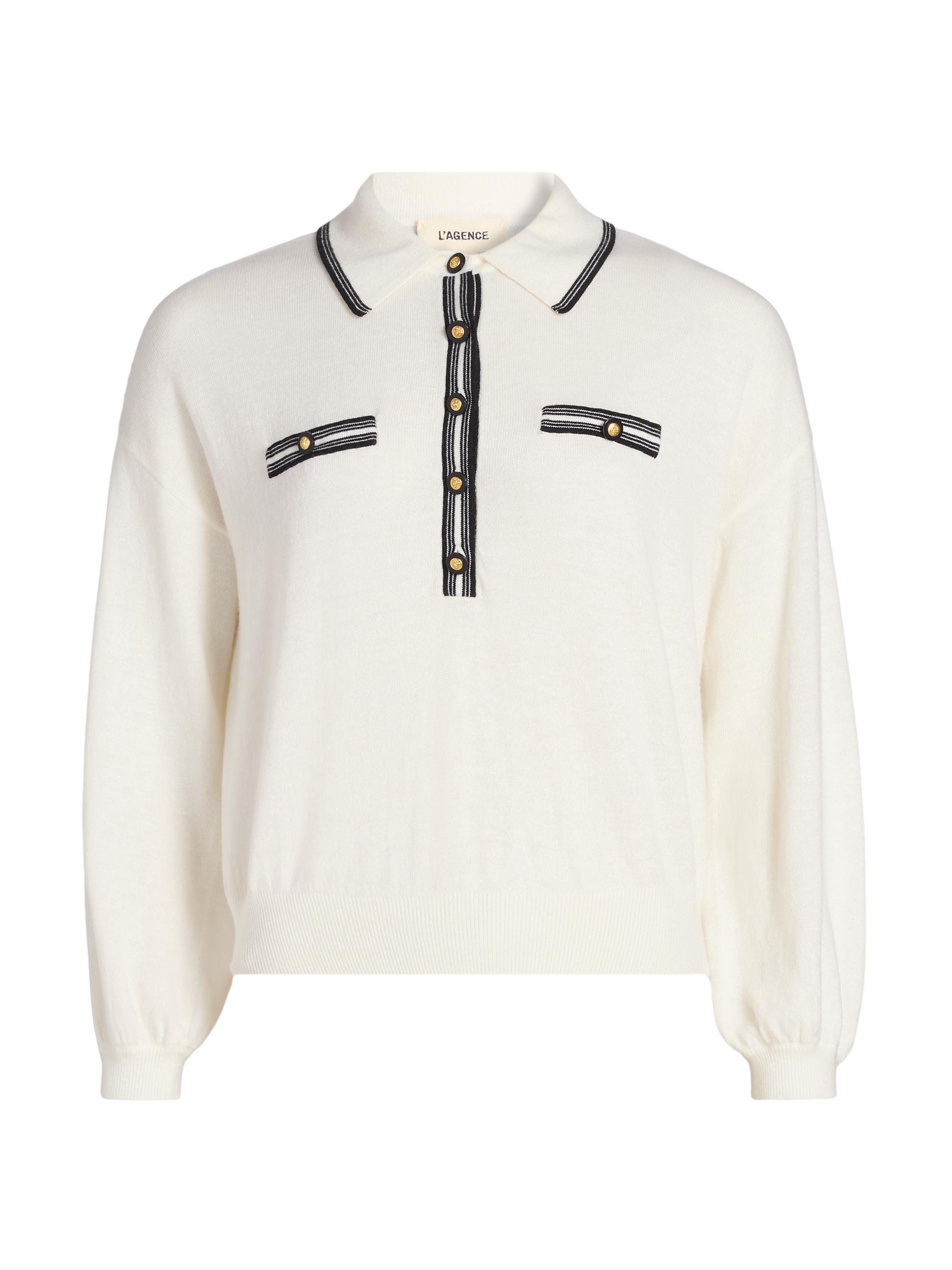 L'AGENCE Women's Malaki Stripe Trim Polo Top -  Black