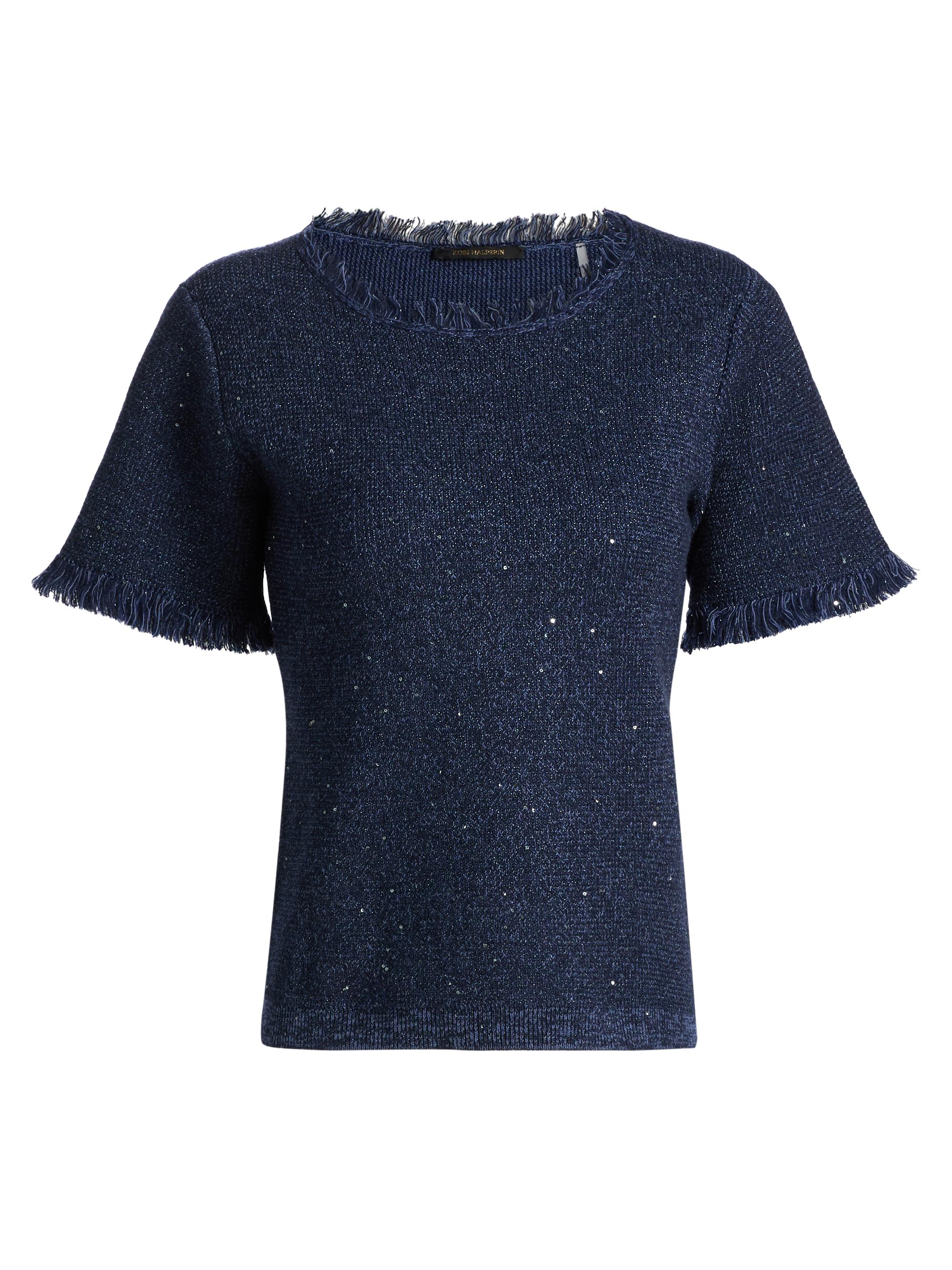 Kobi Halperin Women's Kate Fray-Trim Short-Sleeve Linen-Blend Sweater - Navy