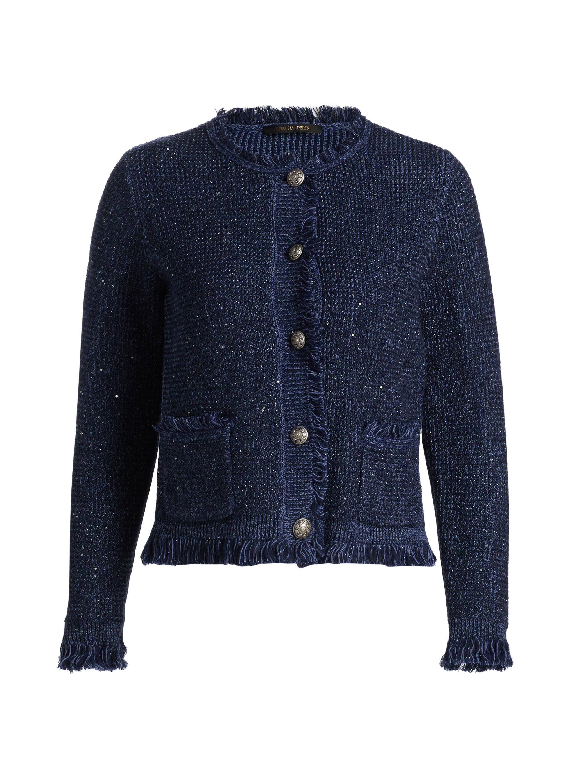 Kobi Halperin Women's Kailey Metallic-Knit Frayed Linen-Blend Cardigan - Navy
