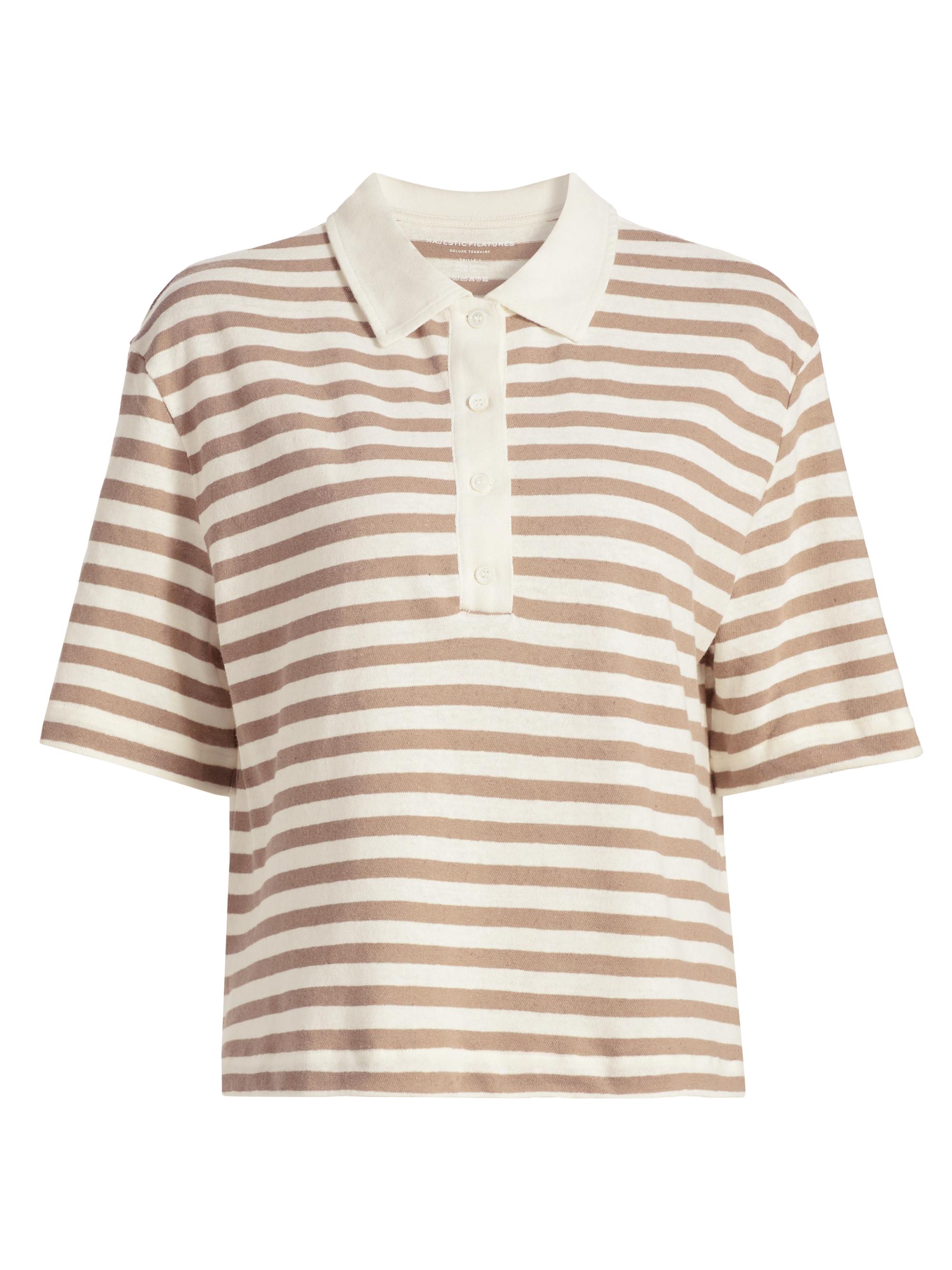 Majestic Filatures Women's Cotton-Linen Striped Polo Shirt - Coffee Latte
