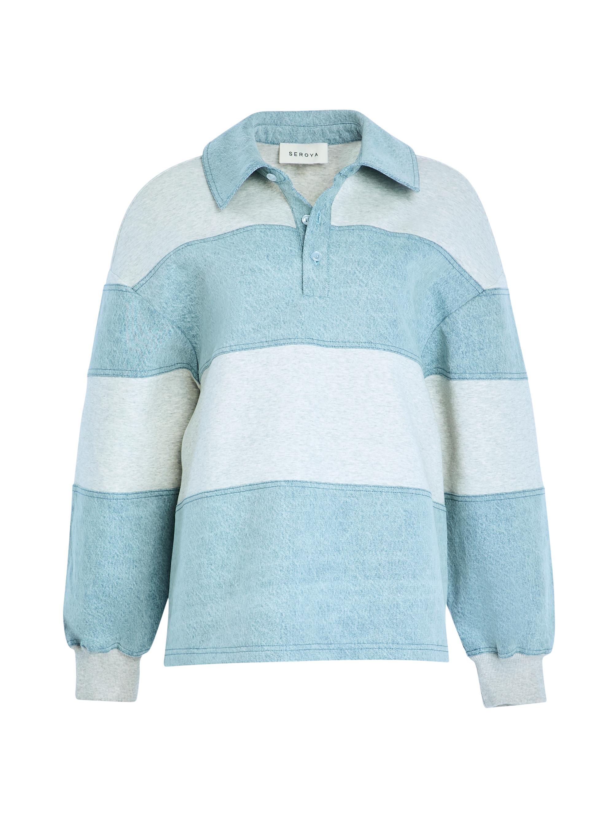 SEROYA Women's Cher Striped Mixed-Media Polo Sweatshirt - Light Grey Coastline
