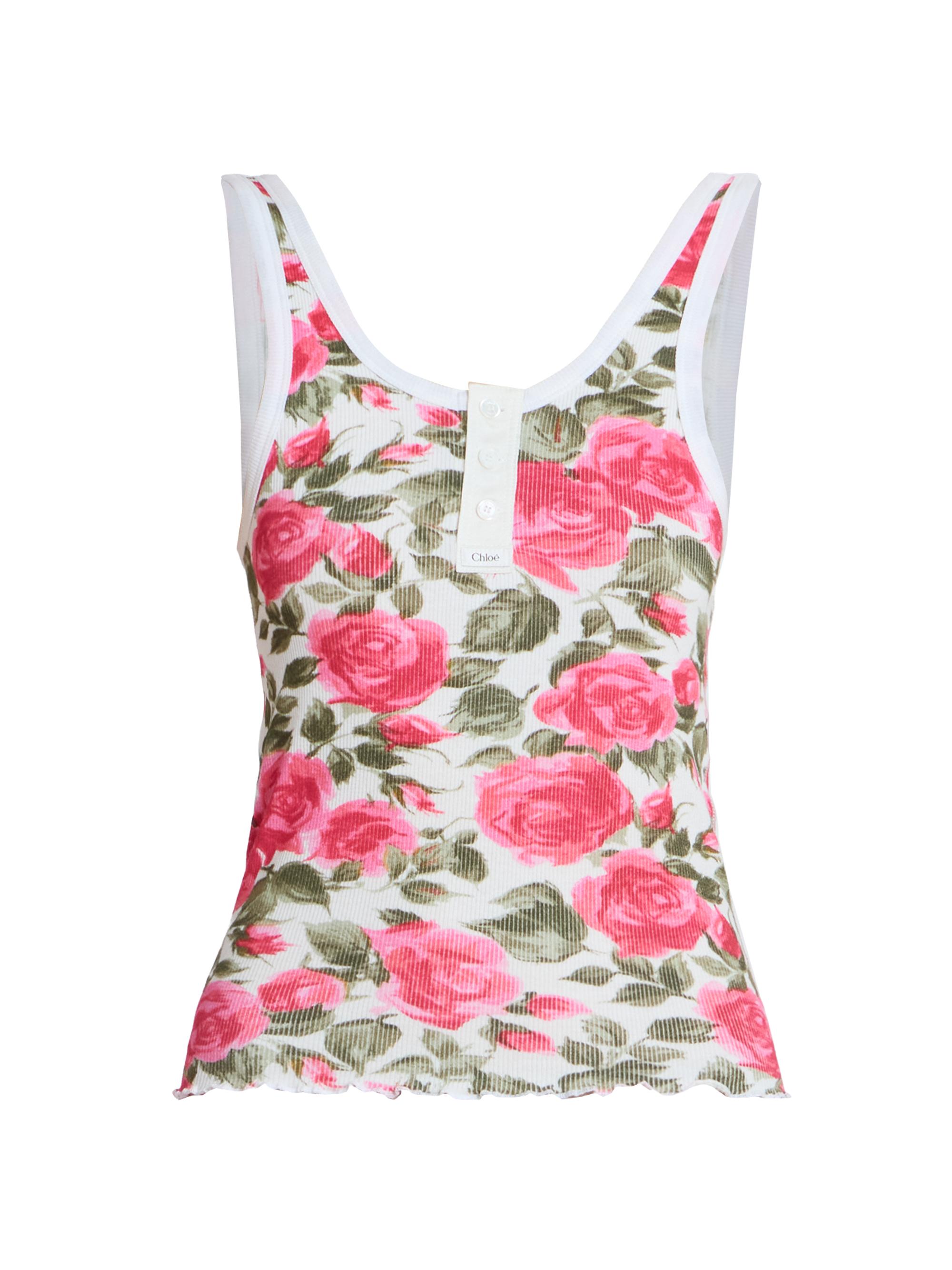 Chloé Women's Floral Rib-Knit Cotton Tank - White Pink