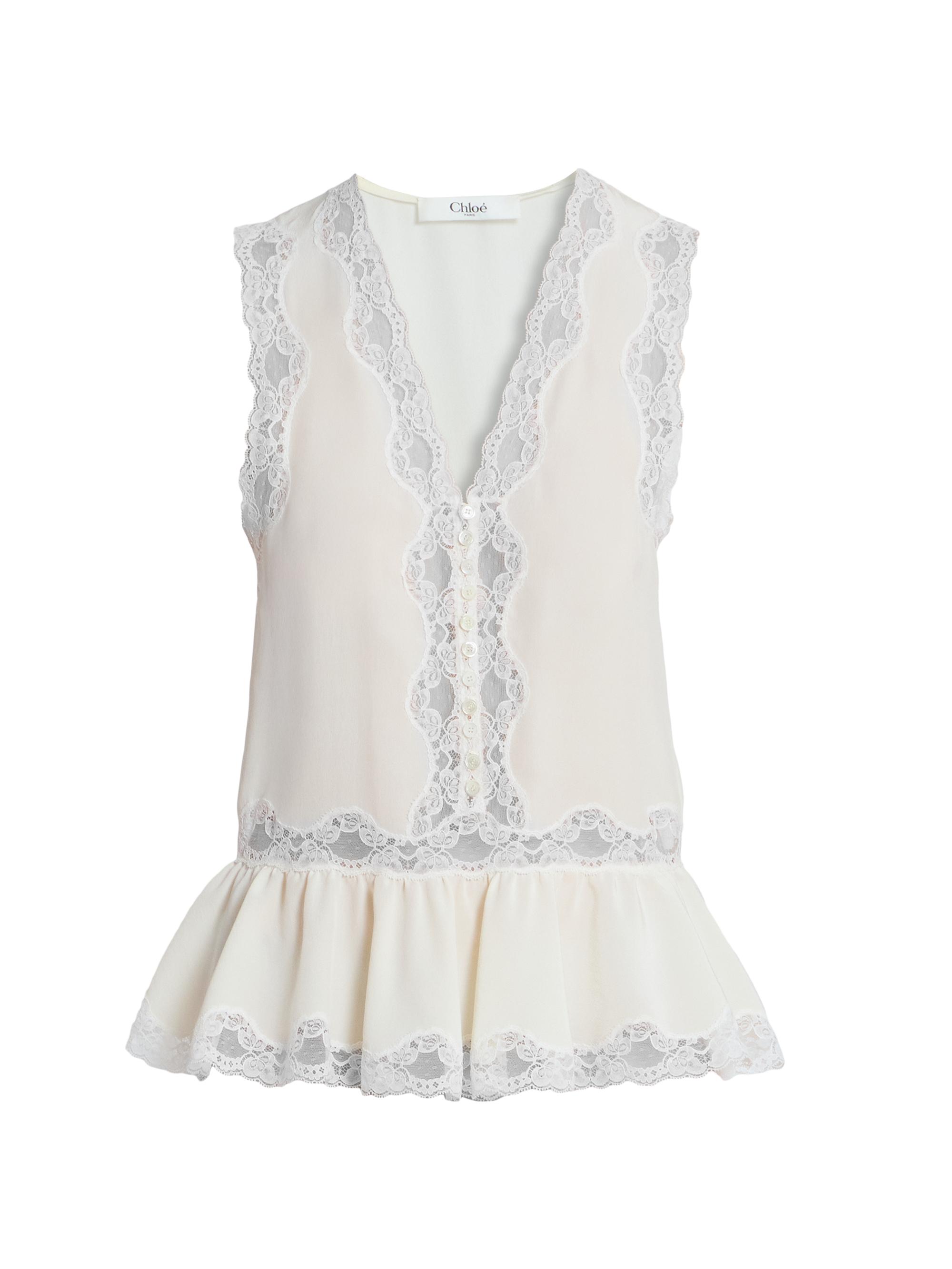 Chloé Women's Lace-Trim Sleevless Silk Top - Coconut Milk
