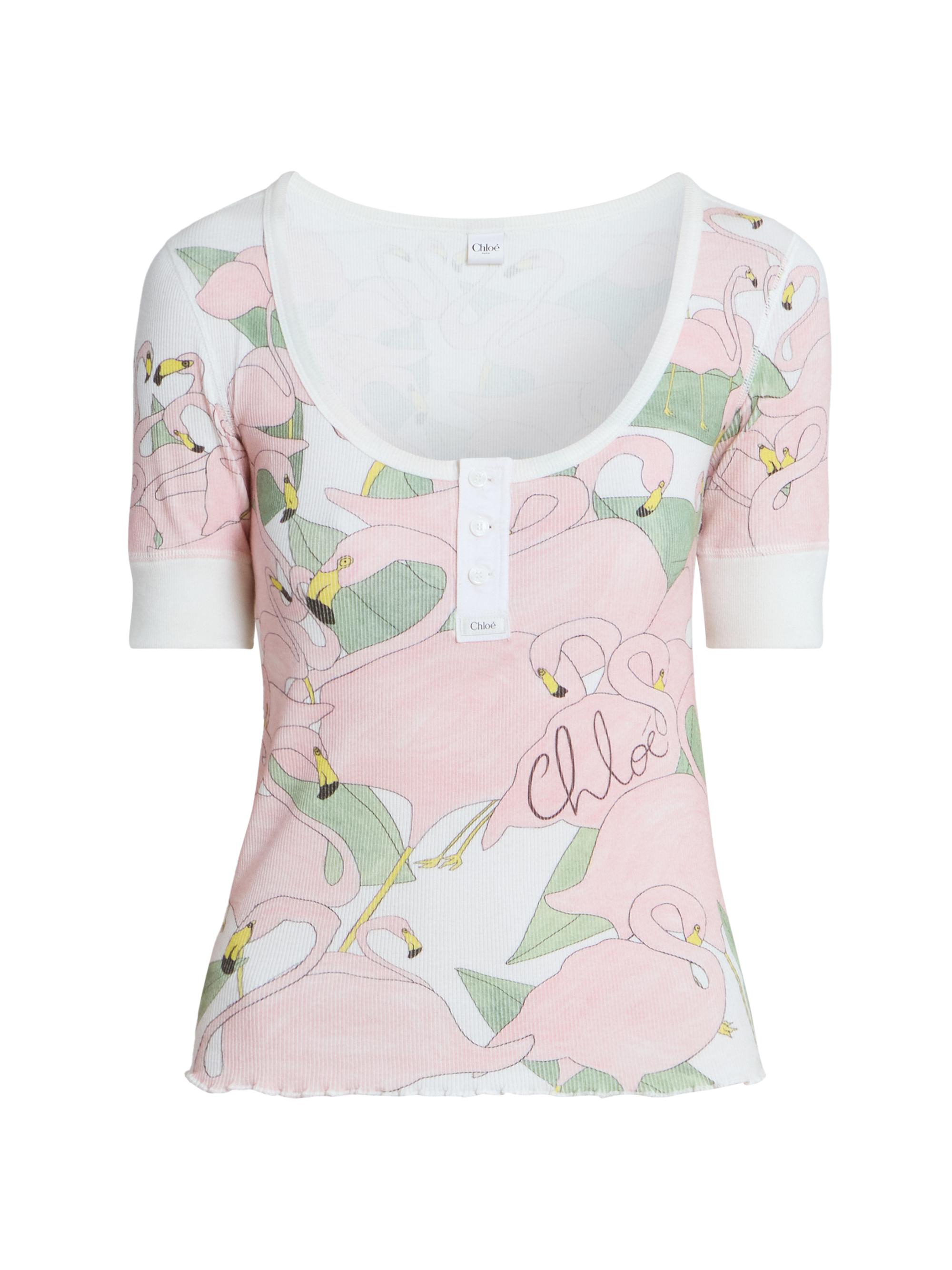 Chloé Women's Flamingo-Print Rib-Knit Cotton Top - Iconic Milk