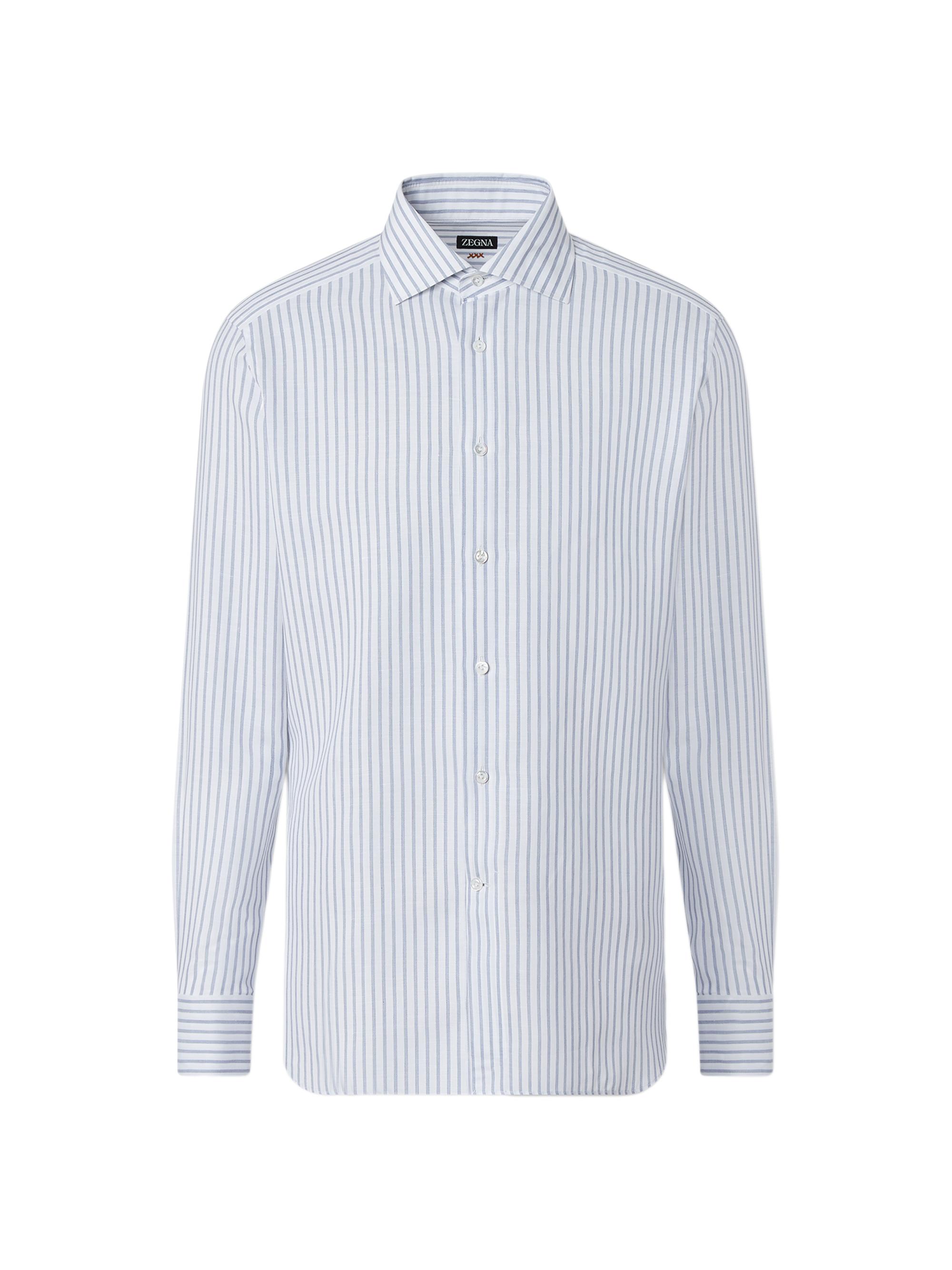 ZEGNA Men's Striped Cotton Linen and Silk Shirt - Dark Indigo Blue White
