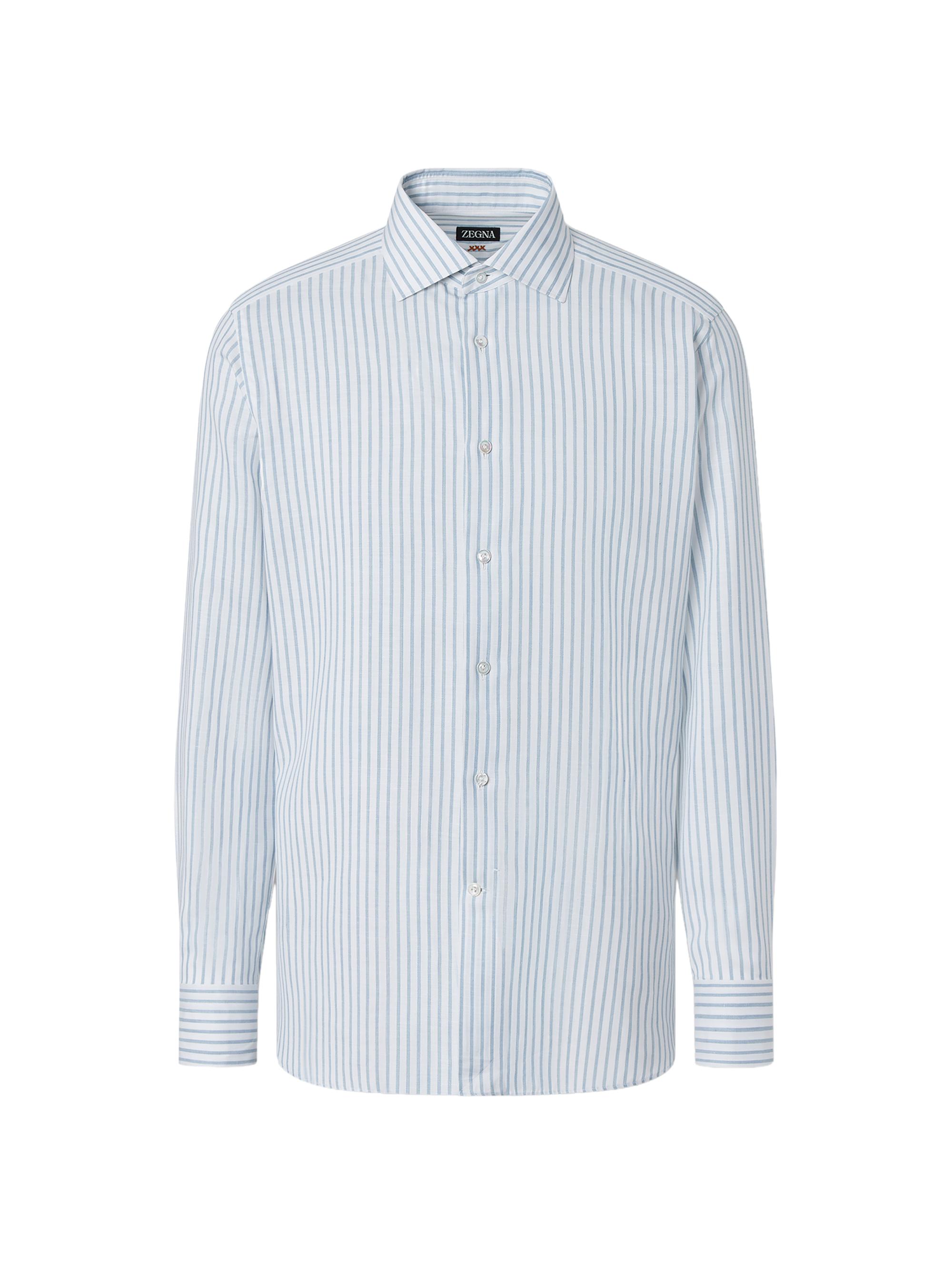 ZEGNA Men's Striped Cotton Linen and Silk Shirt - Teal Blue White