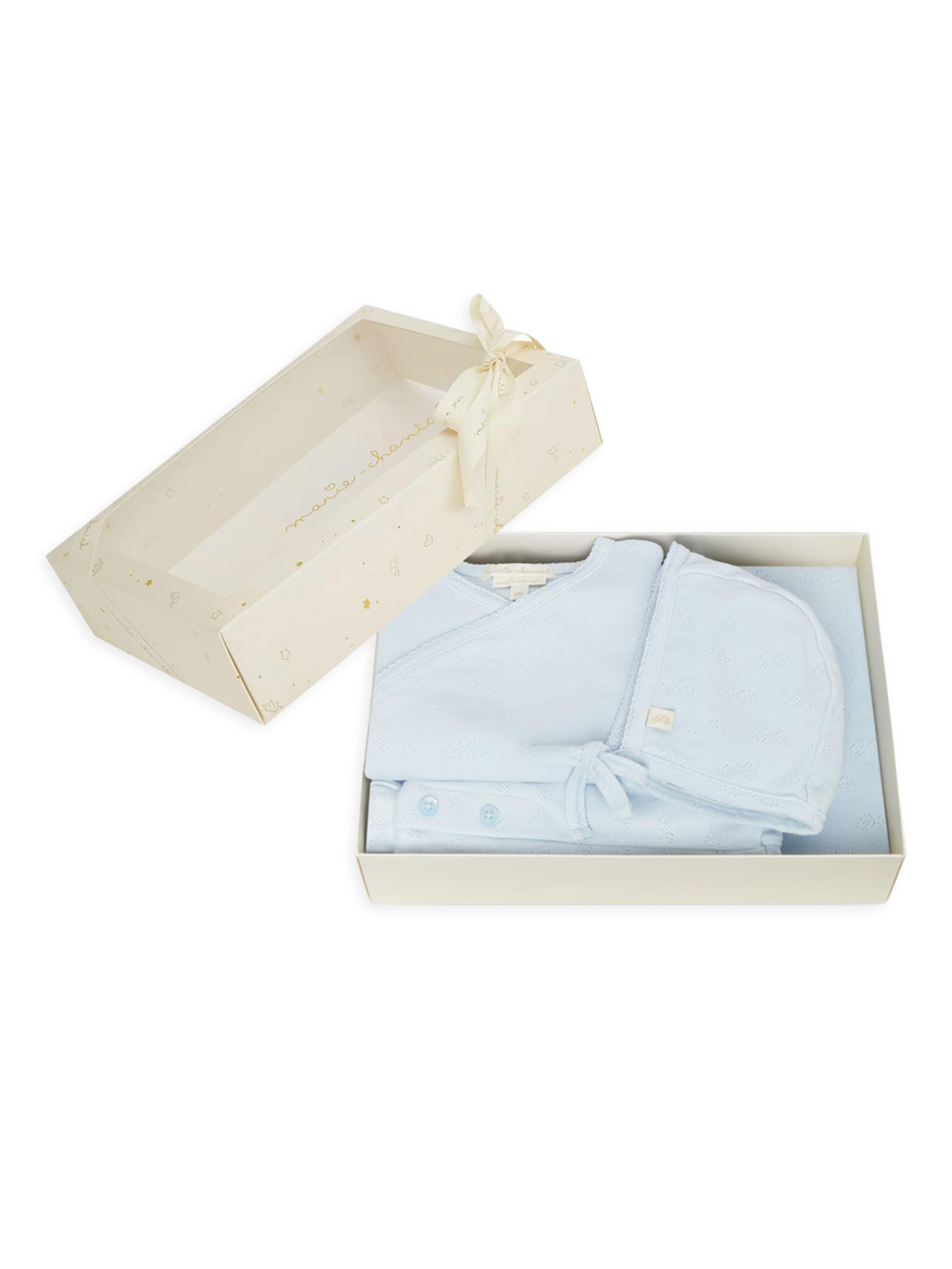 Marie-Chantal Baby Boy's Signature Andi Angel Wing Pointelle Bonnet, Bodysuit, Shorts & Blanket Gift Set - Blue 6 Months