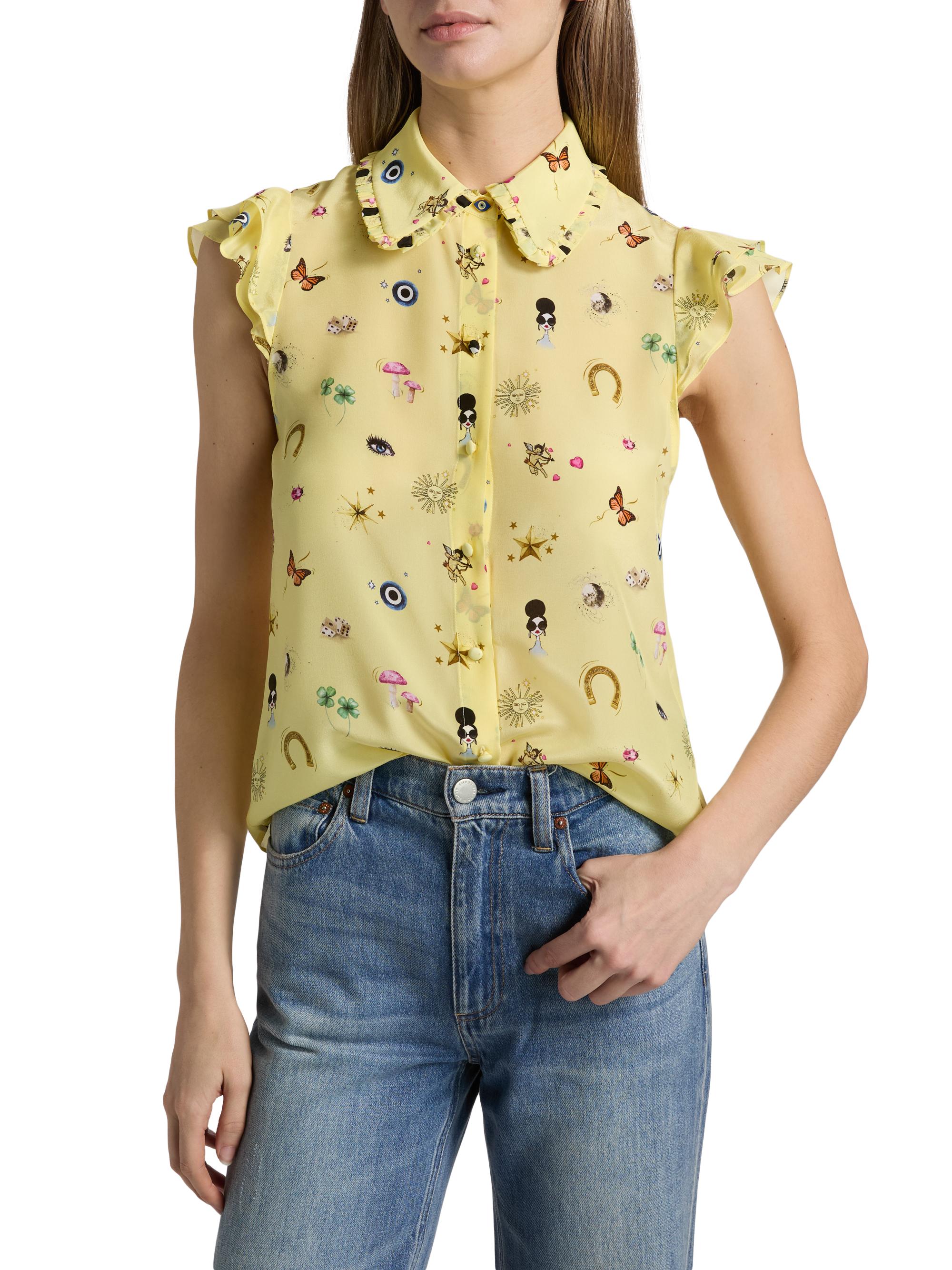 ALICE + OLIVIA Martel Silk Flutter-Sleeve Blouse | Saks Fifth Avenue