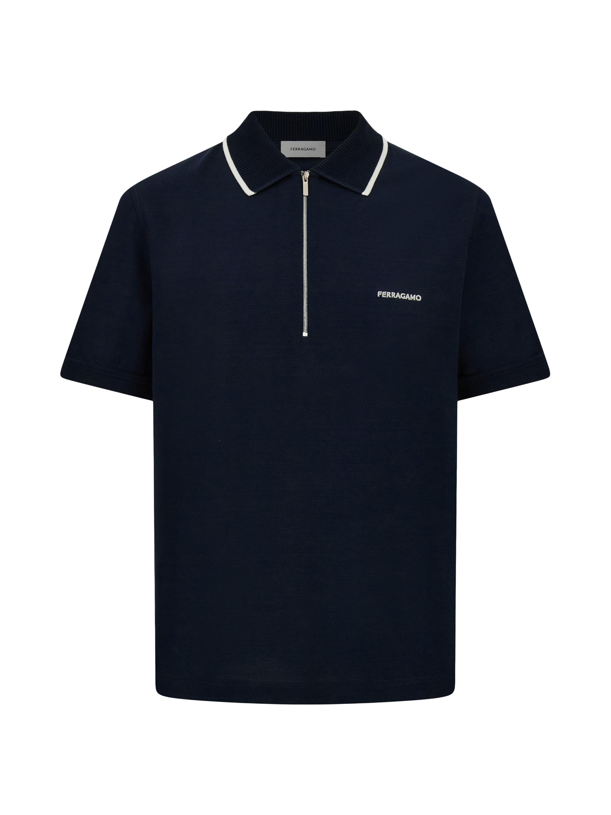 FERRAGAMO Men's Quarter-Zip Cotton Polo Shirt - New Navy - Men's Clothing