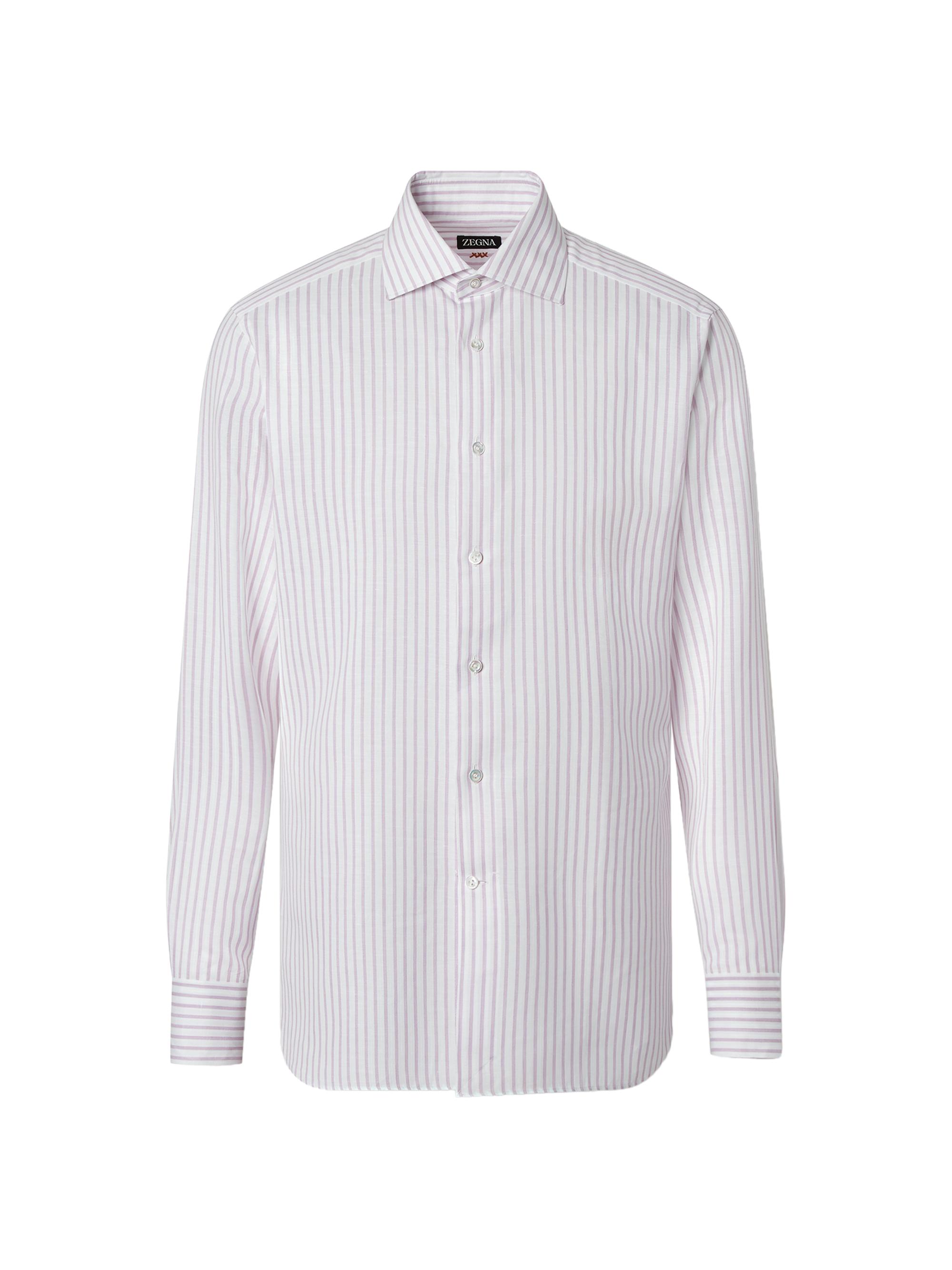 ZEGNA Men's Striped Cotton Linen and Silk Shirt - Dark Pink White