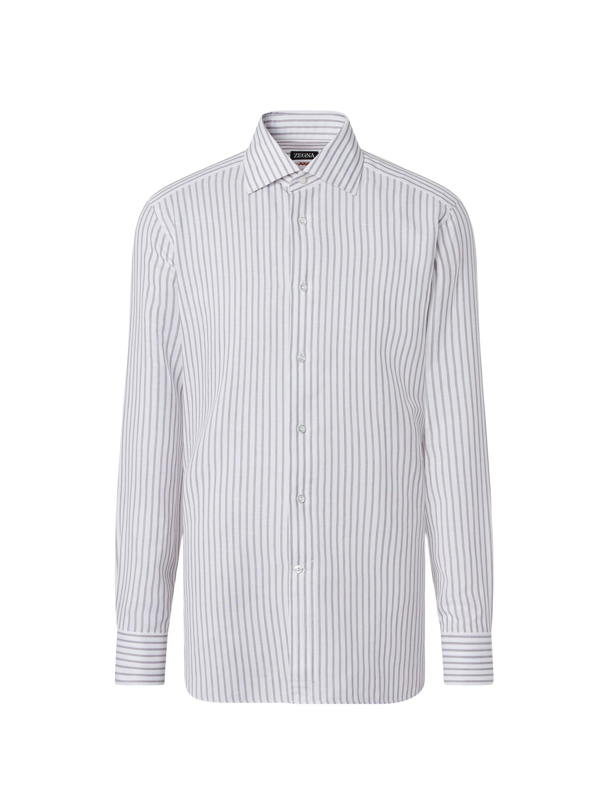 ZEGNA Men's Striped Cotton Linen and Silk Shirt - Dark Brown White
