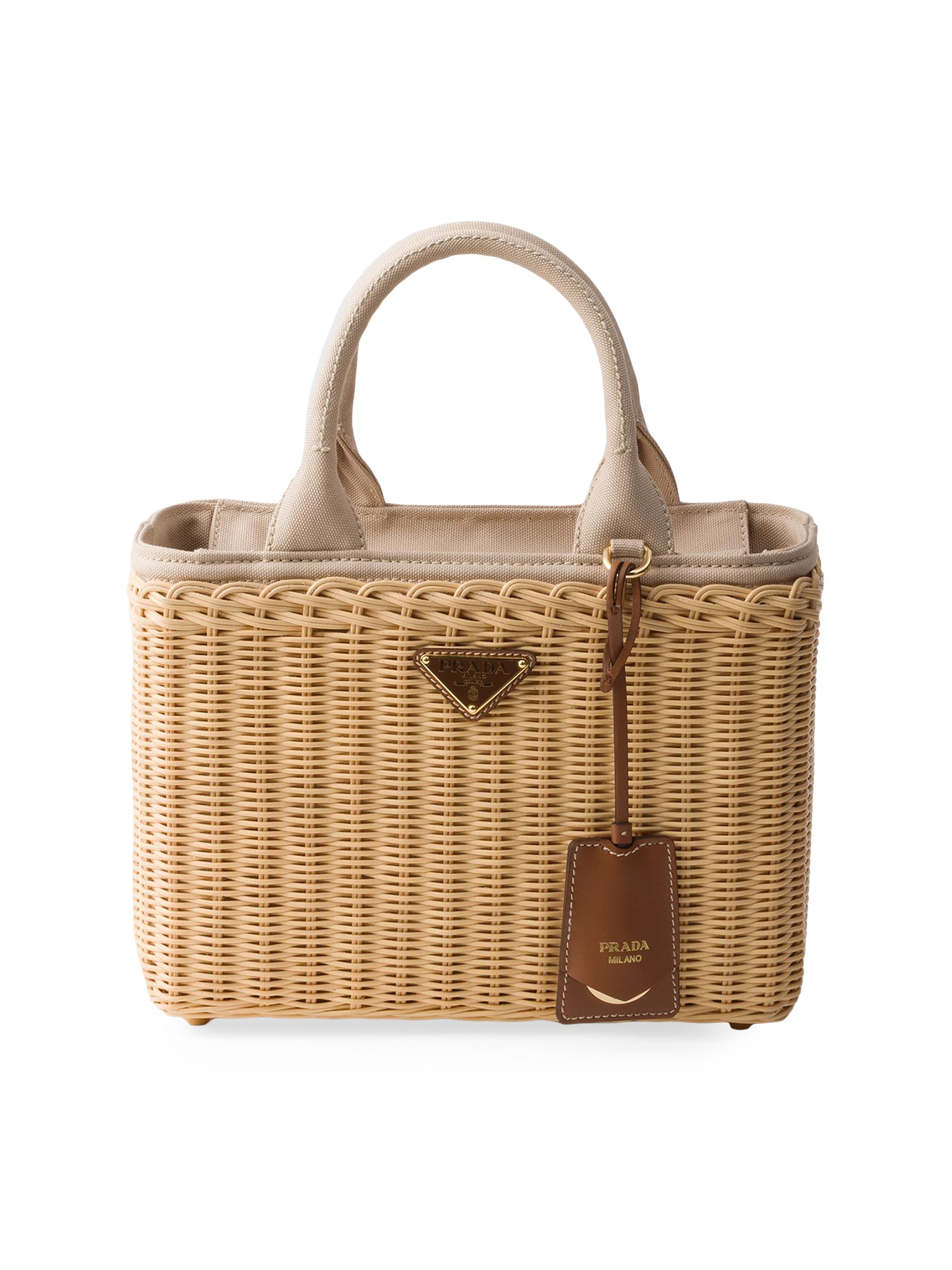 Prada Women's  Wicker and Canvas Tote Bag - Beige Khaki - Women's Bags