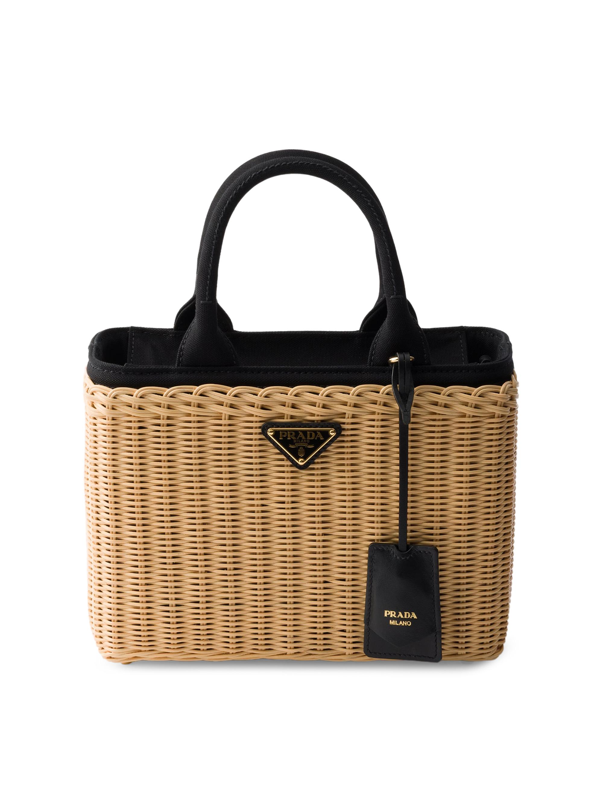 Prada Women's  Wicker and Canvas Tote Bag - Black Khaki