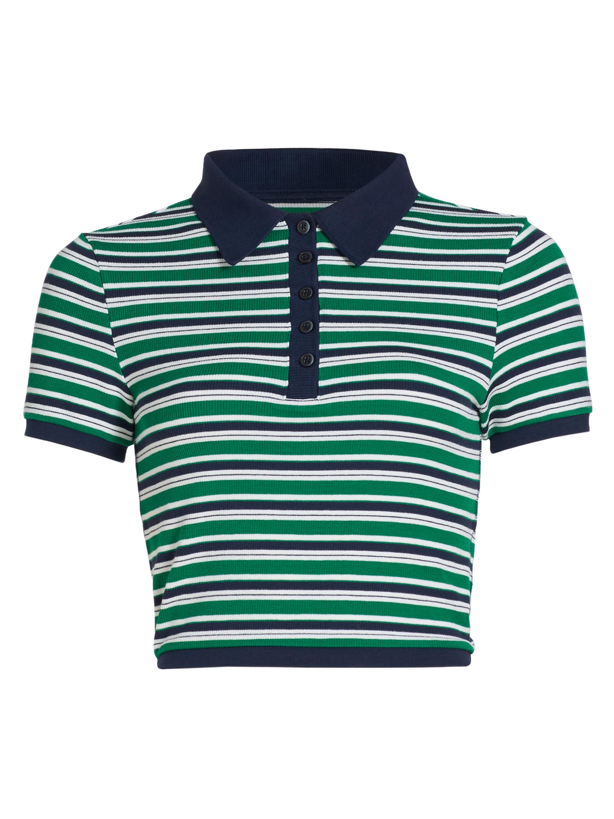 SIMKHAI Women's Marnie Striped Knit Crop Polo Top - Kelly Green Stripe