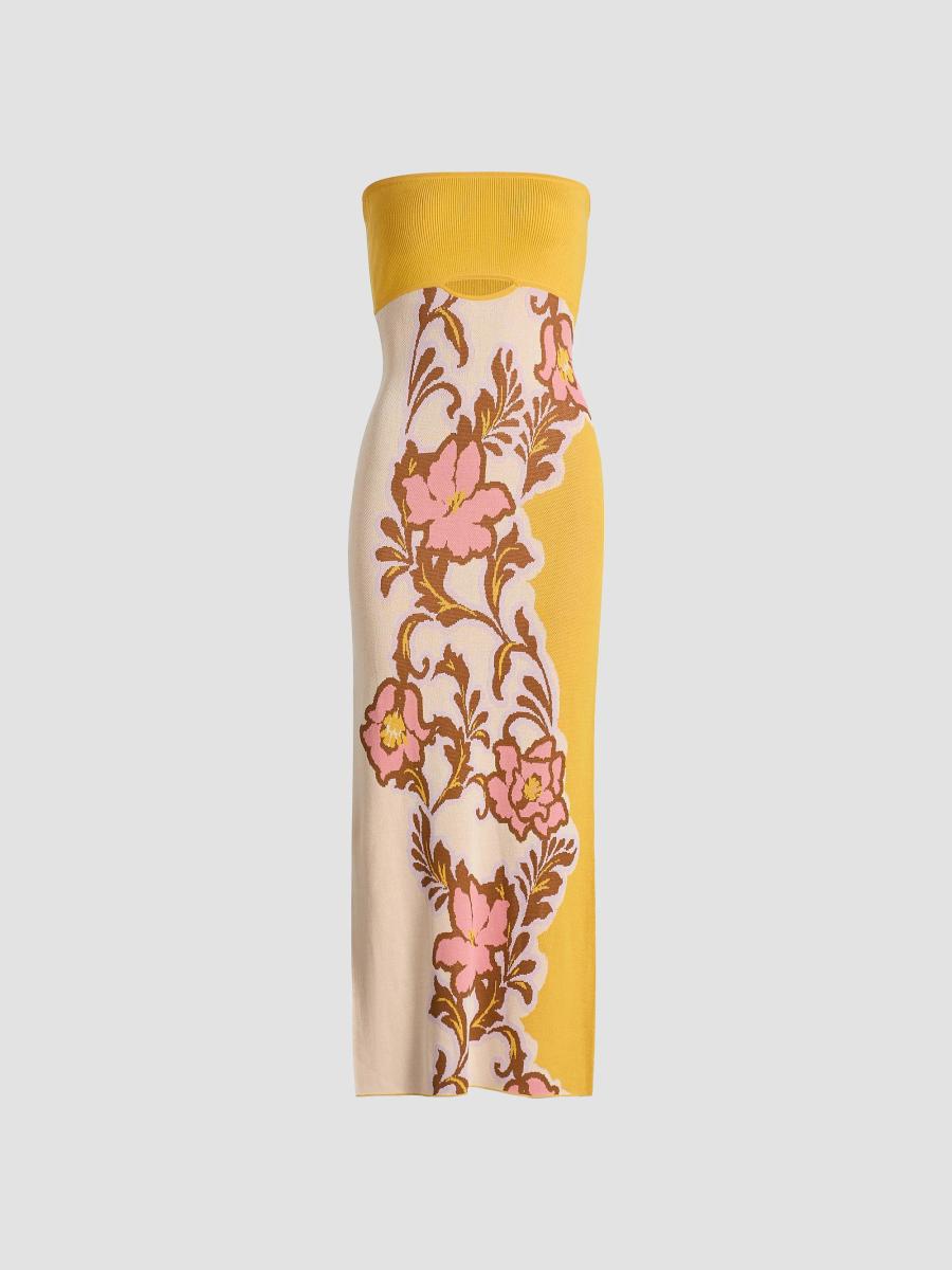 Misa MISA Los Angeles Fletcher Colorblocked Floral Strapless Midi-Dress