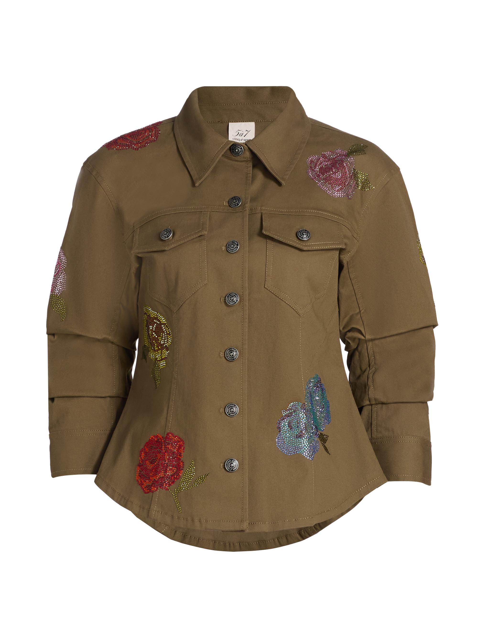 Cinq à Sept Women's Canyon Crystal Rose Scrunched Jacket - Dark Olive Multi