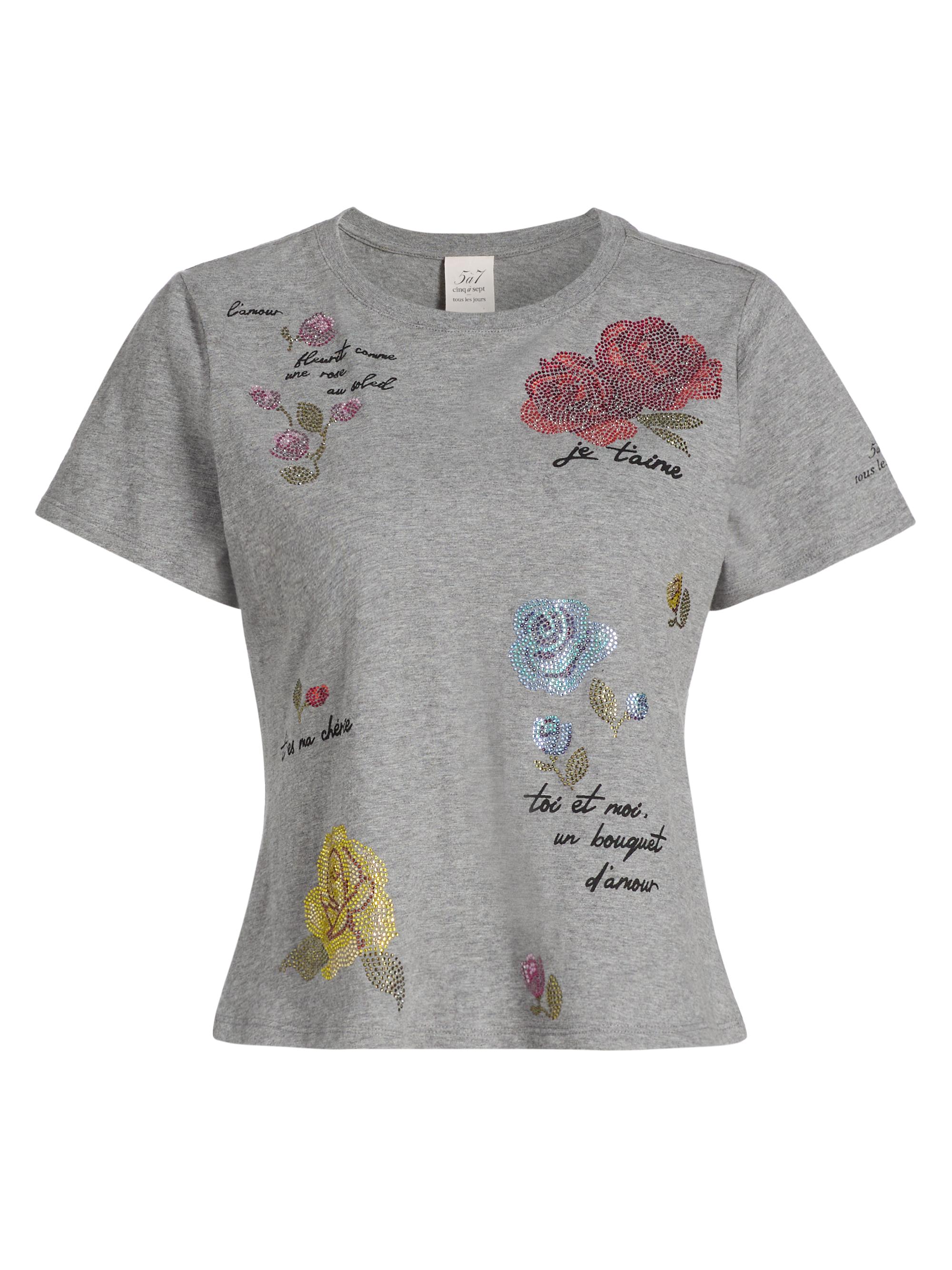 Cinq à Sept Women's Heatset Flowers Shrunken T-Shirt - Charcoal Heather Grey Multi