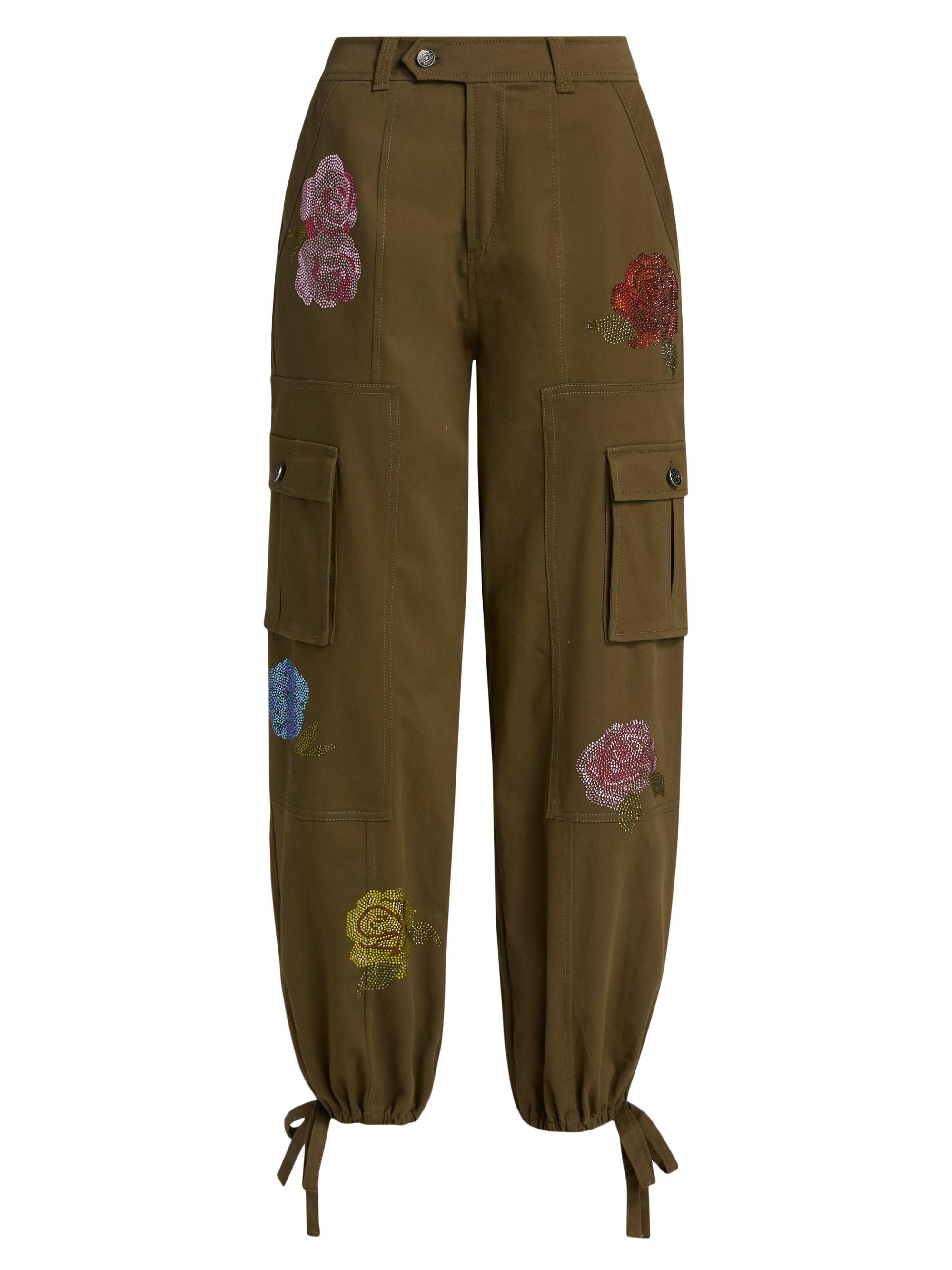 Cinq à Sept Women's Zola Crystal Roses Cargo Pants - Dark Olive Multi