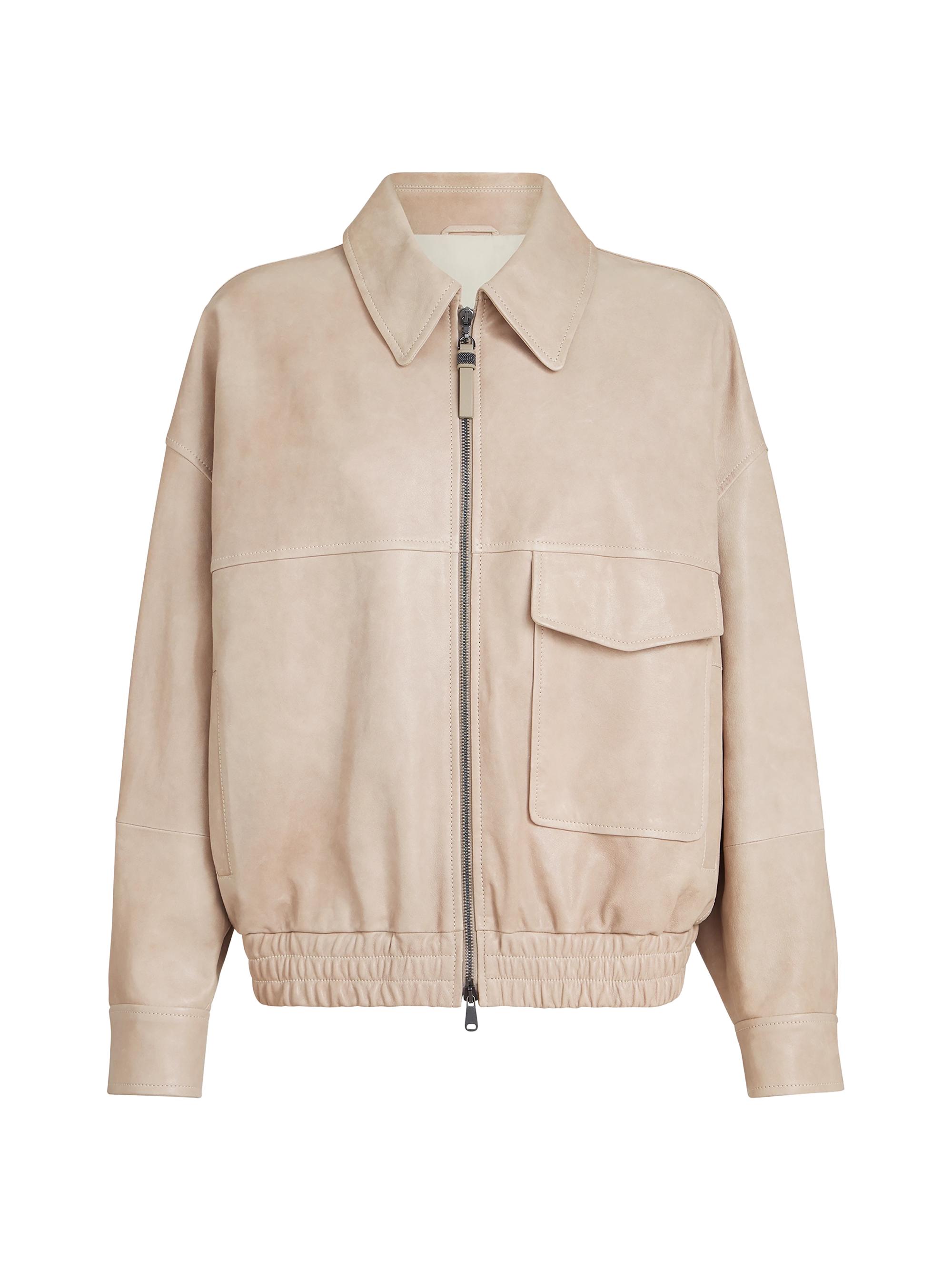 Brunello Cucinelli Women's Glossy Nappa Leather Outerwear Jacket with Monili - Beige