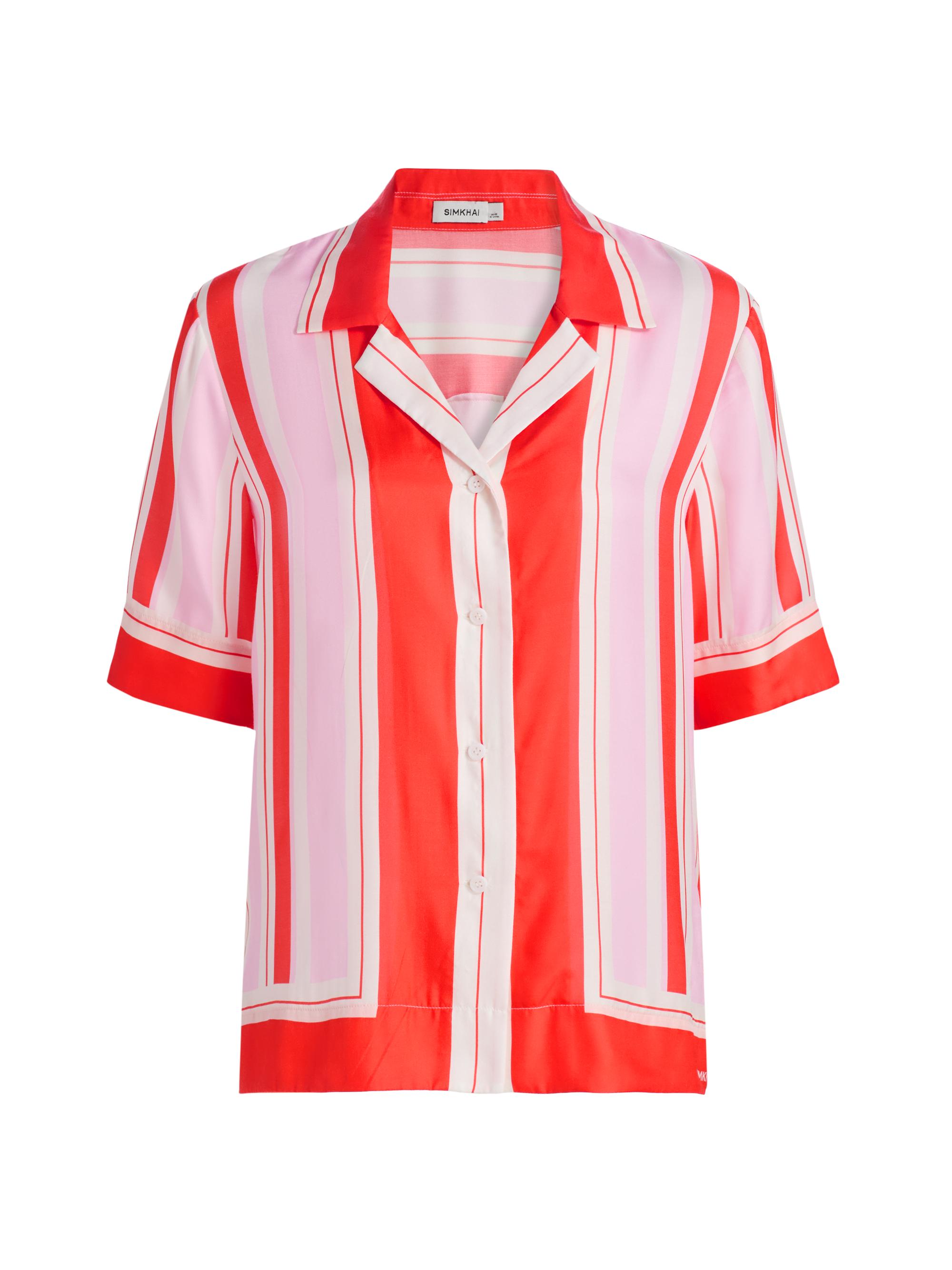 SIMKHAI Women's Koda Striped Silk-Blend Short-Sleeve Shirt - Tulip Stripe