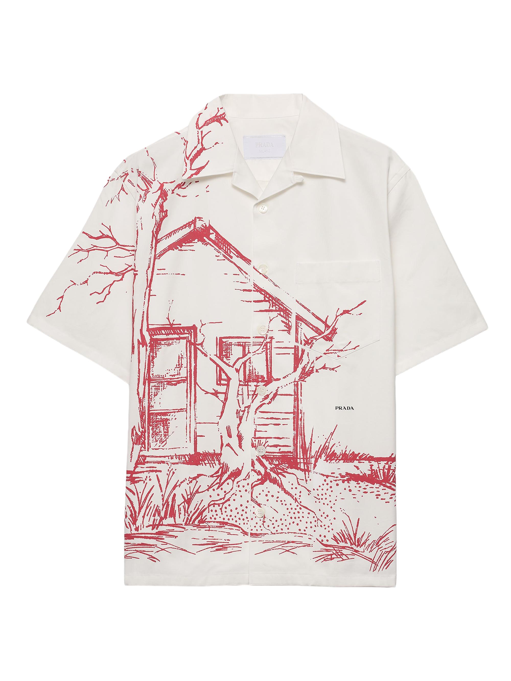 Prada Men's Printed Cotton Bowling Shirt - Red White