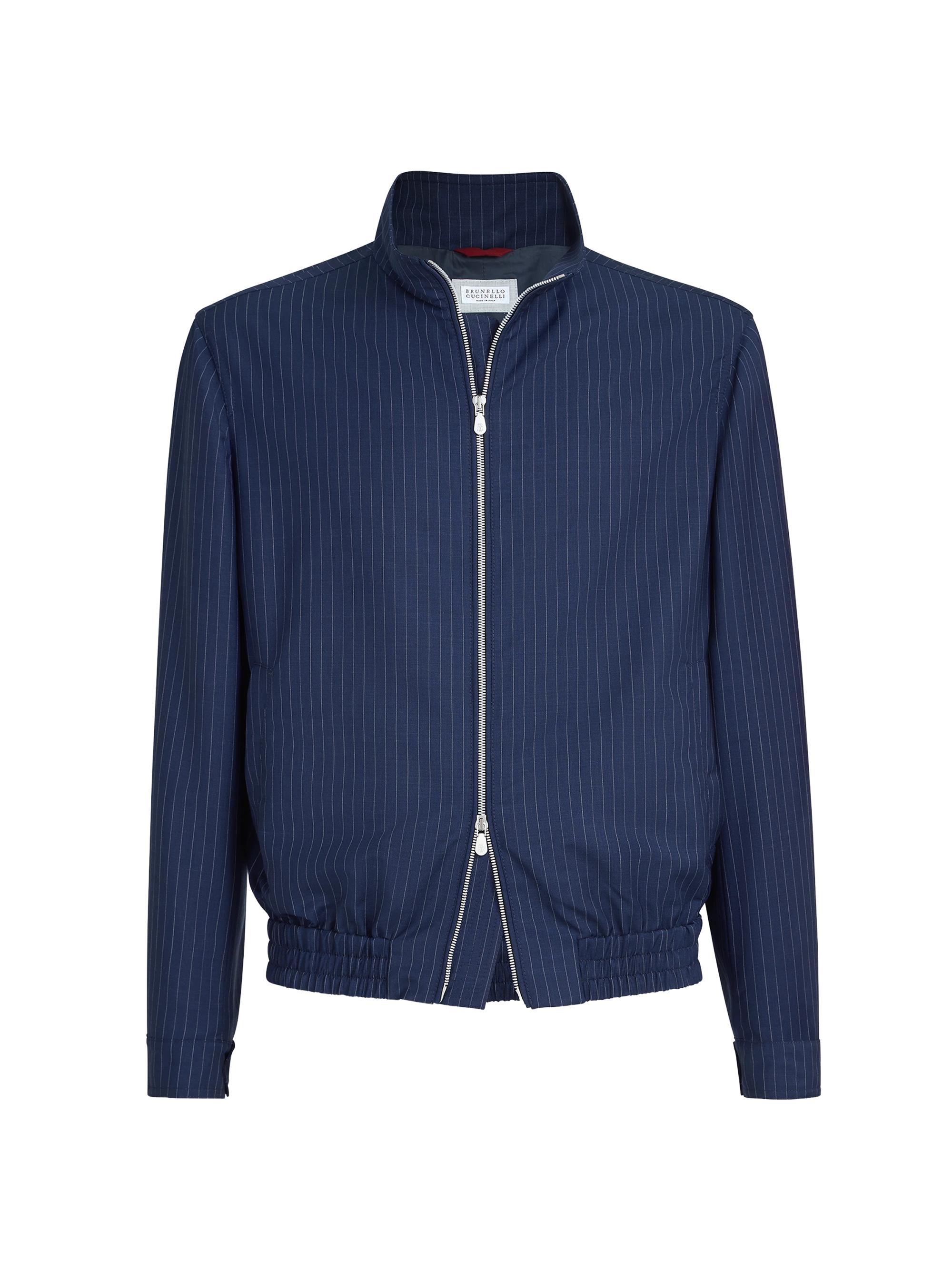 Brunello Cucinelli Men's Wool and Mohair Pinstripe Fresco Outerwear Jacket with Stand Collar - Blue