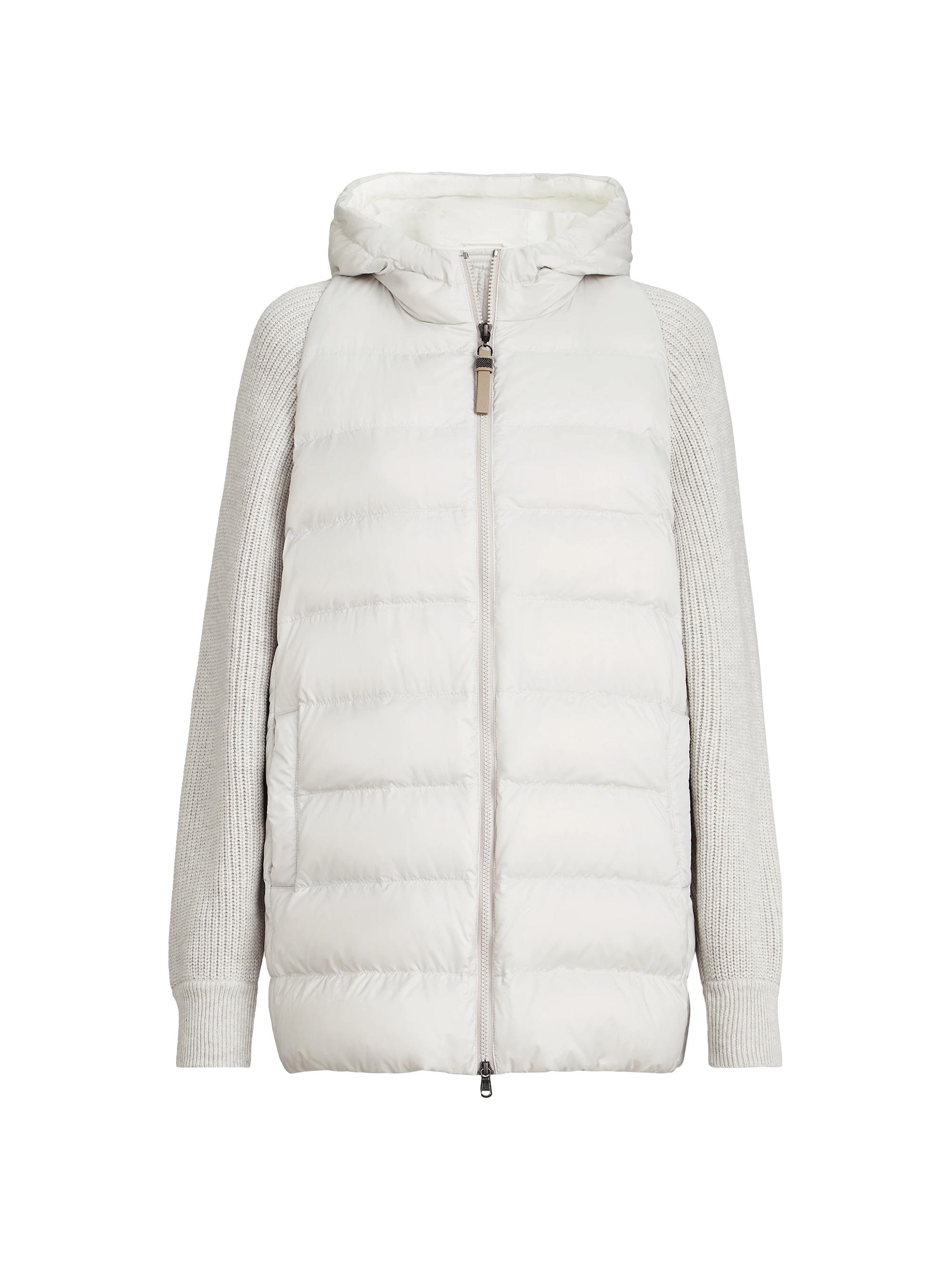 Brunello Cucinelli Women's Hooded Down Jacket with Virgin Wool Cashmere and Silk Knit Sleeves - Light Grey