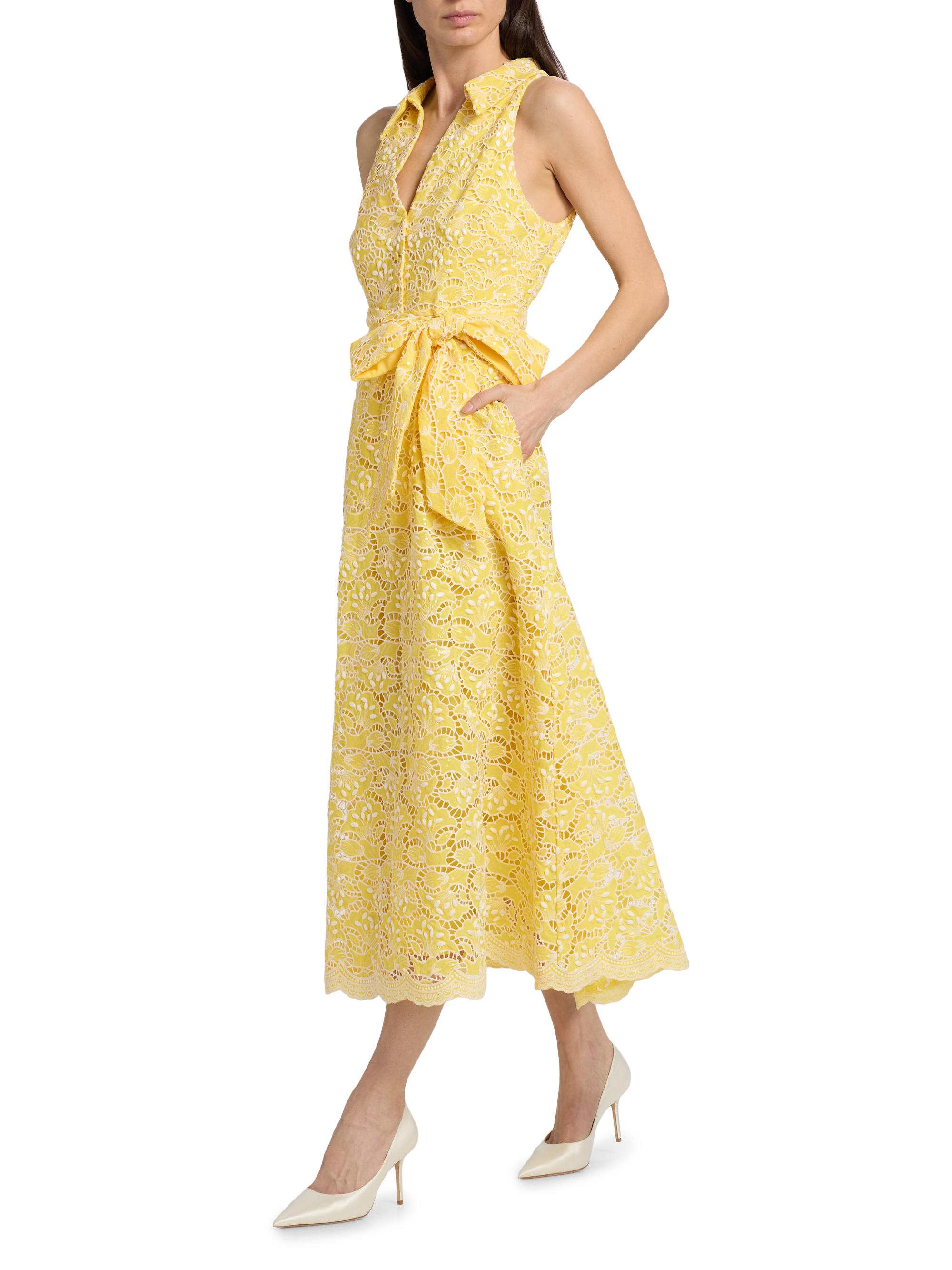 Badgley Mischka Eyelet Lace Belted Midi-Dress | Saks Fifth Avenue