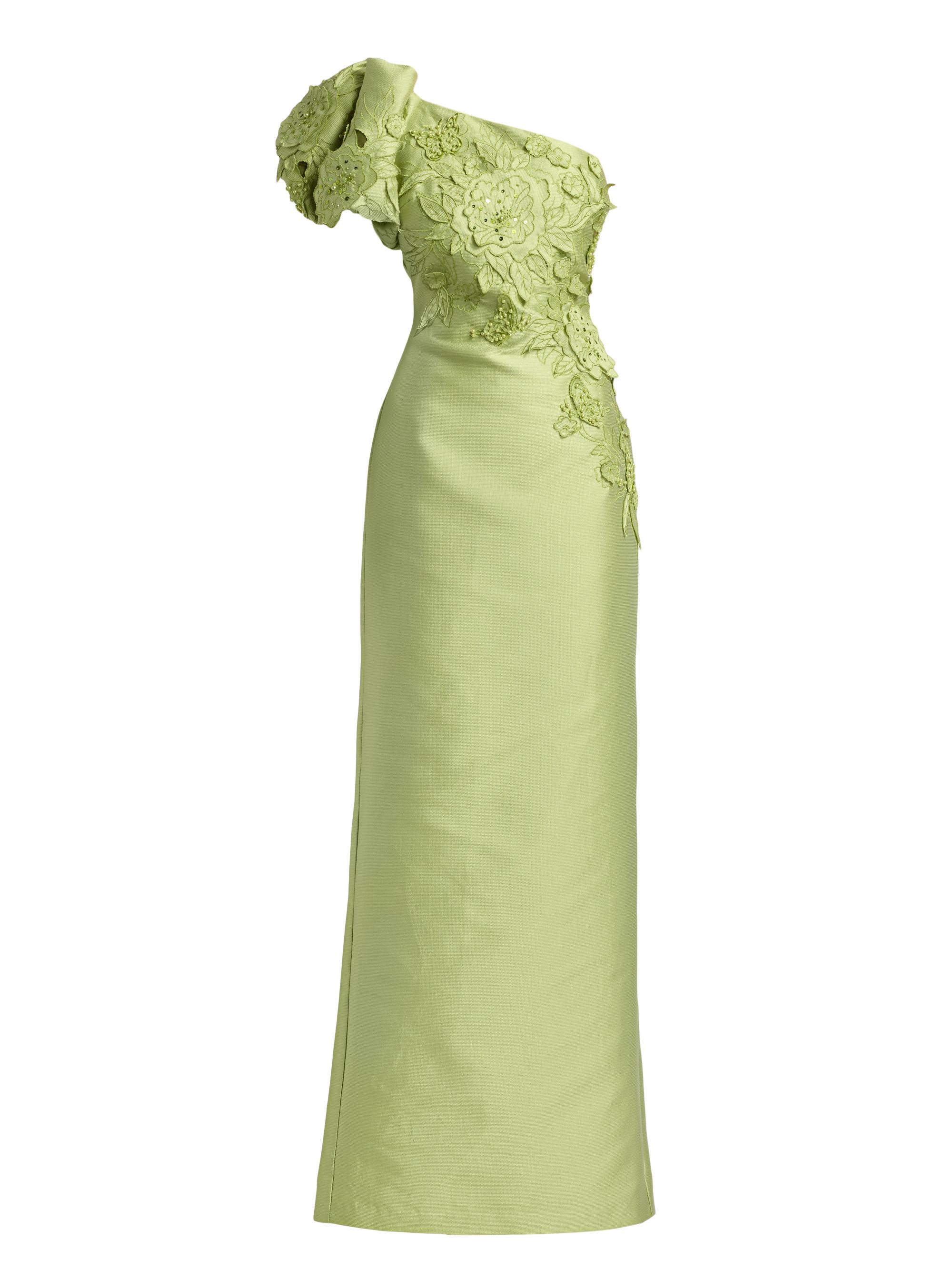 Badgley Mischka Women's Floral Appliqué One-Shoulder Gown - Lime