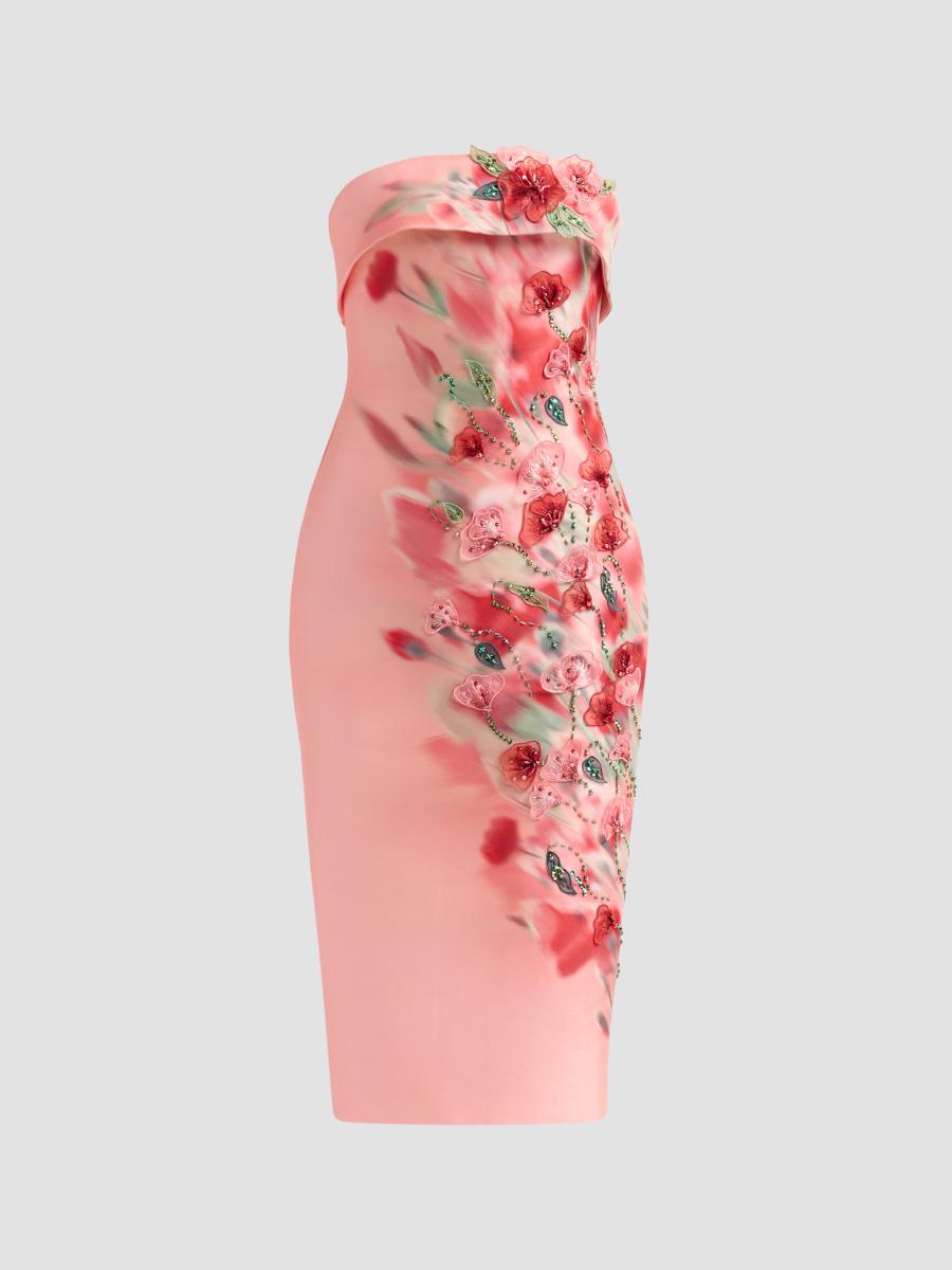 badgley mischka embroidered mesh dress Badgley Mischka womens Strapless Floral Cocktail Dress, 14, Pink, Women's