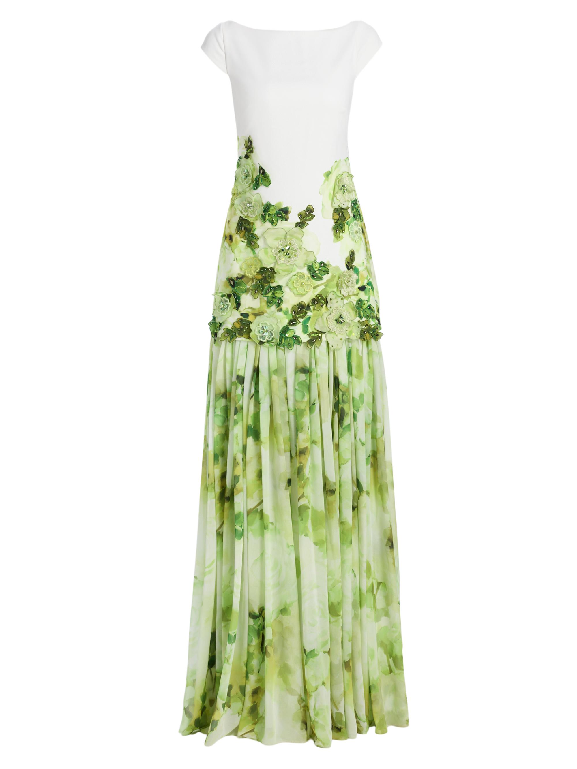 Badgley Mischka Women's Floral Appliqué Drop-Waist Gown - Lime Multi