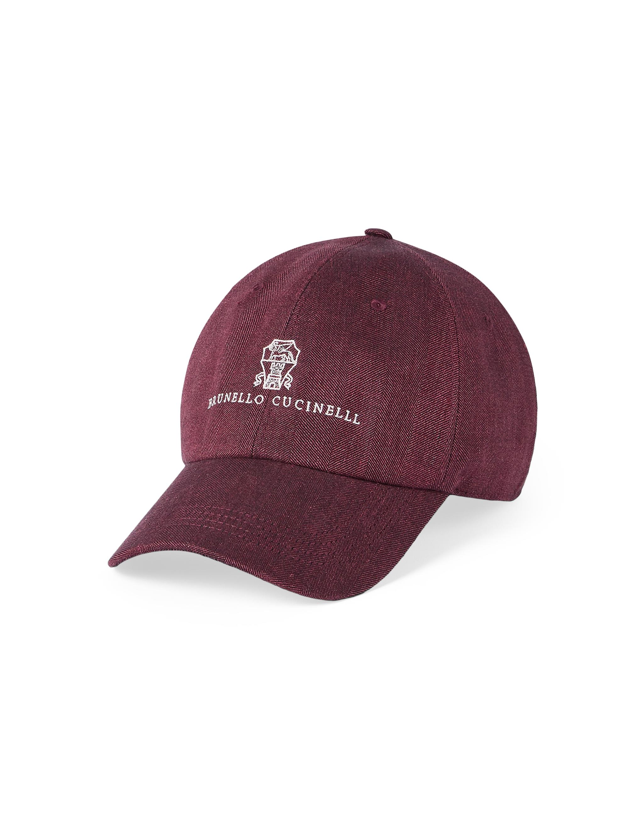 Brunello Cucinelli Men's Linen and Virgin Wool Chevron Baseball Cap with Embroidered Logo - Cherry